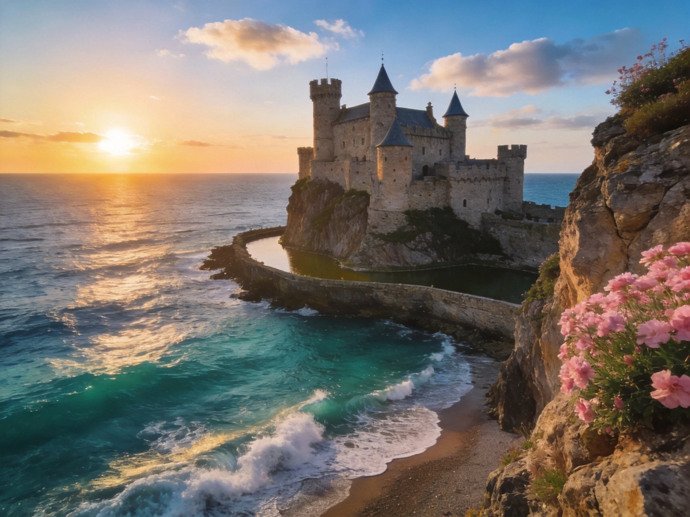 Medieval castle on cliffside by turquoise ocean at sunset