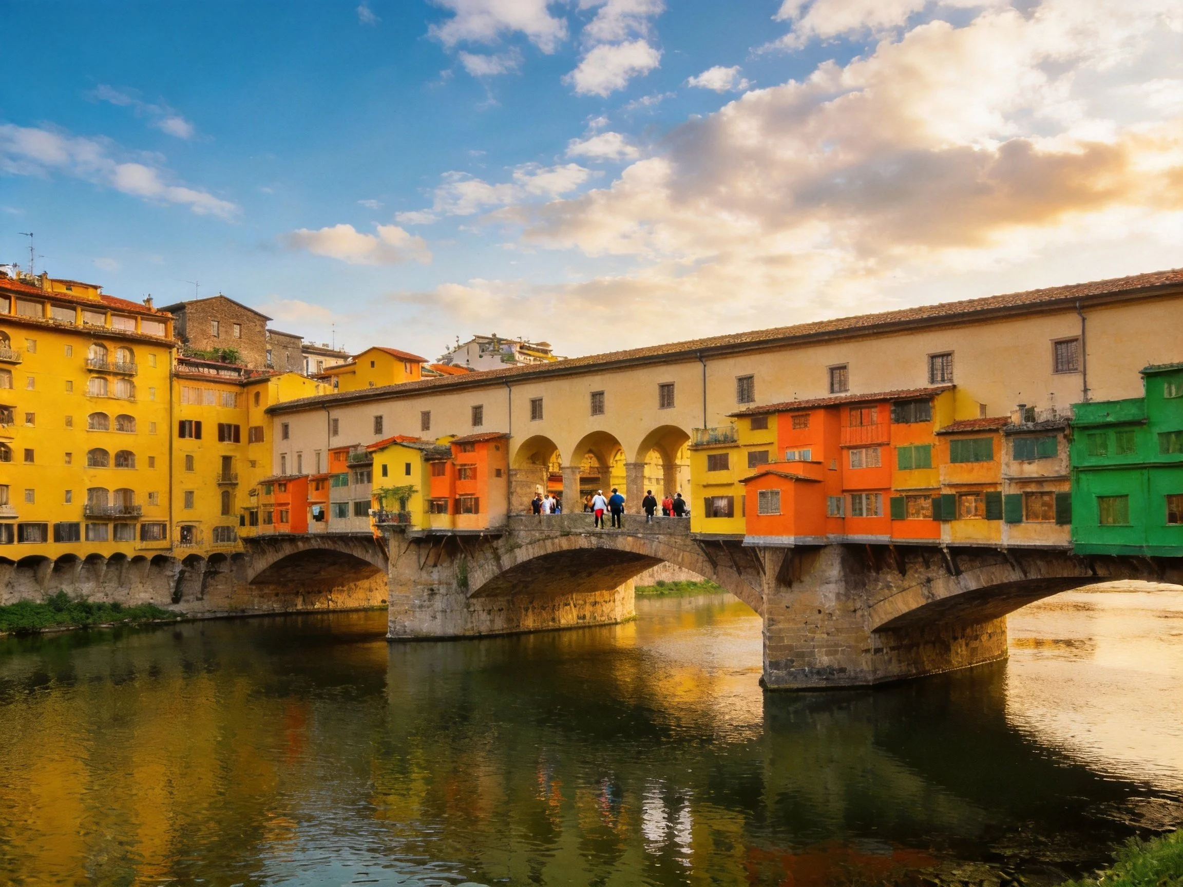 Medieval stone bridge with vibrant colored buildings over calm river