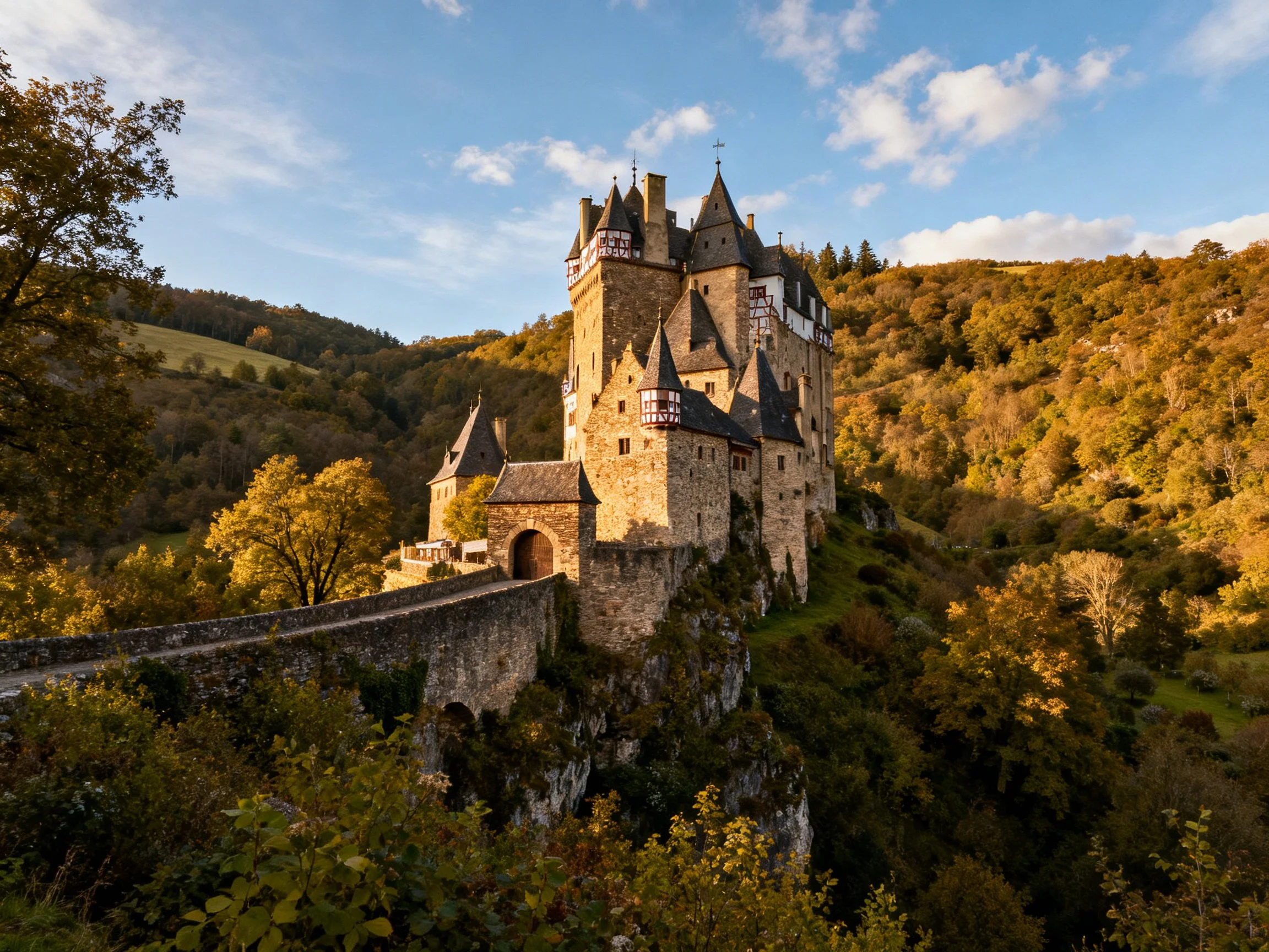 Medieval stone castle atop a cliffside with golden autumn forests