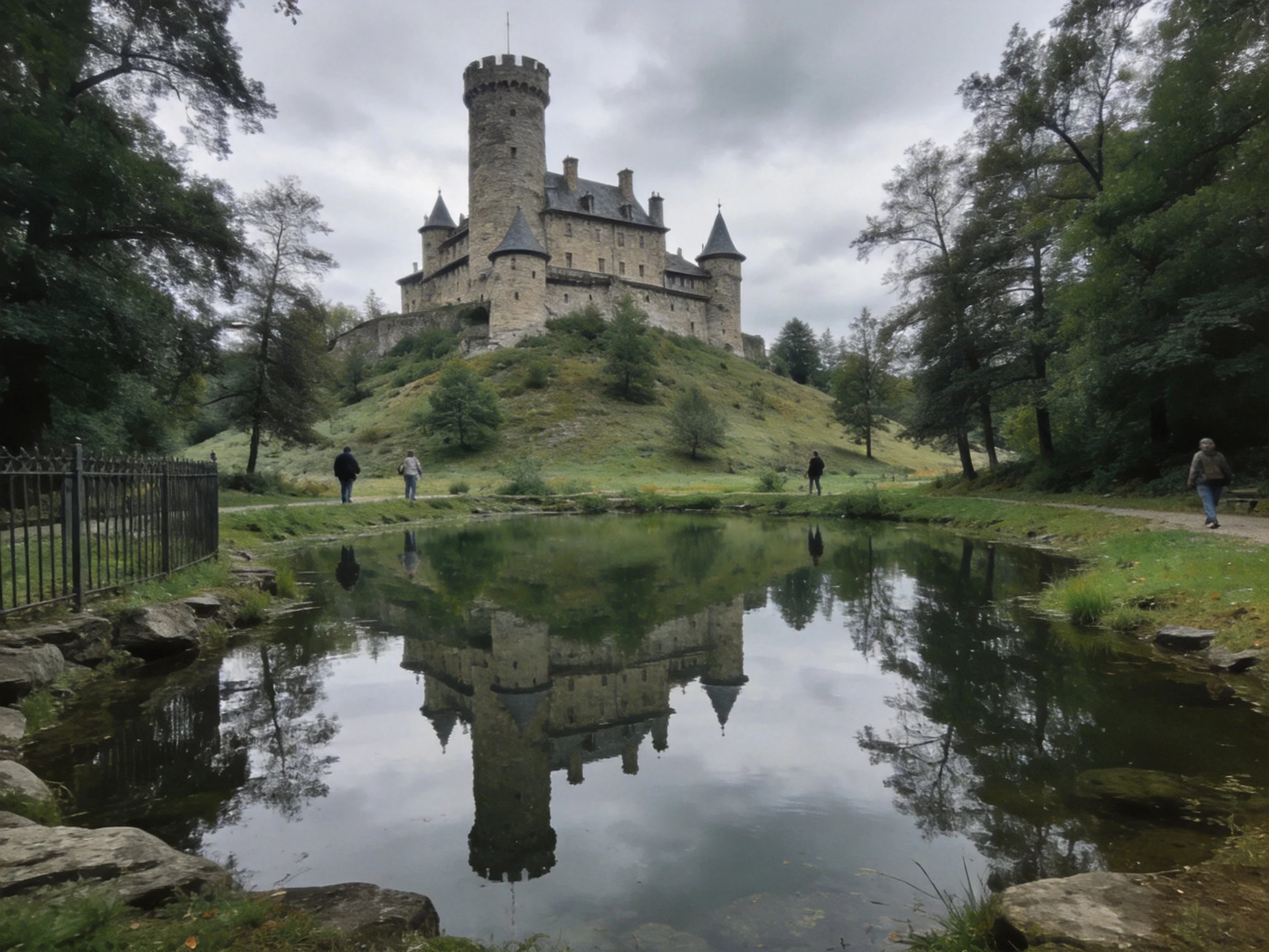 Medieval stone castle atop a grassy hill with a reflective pond