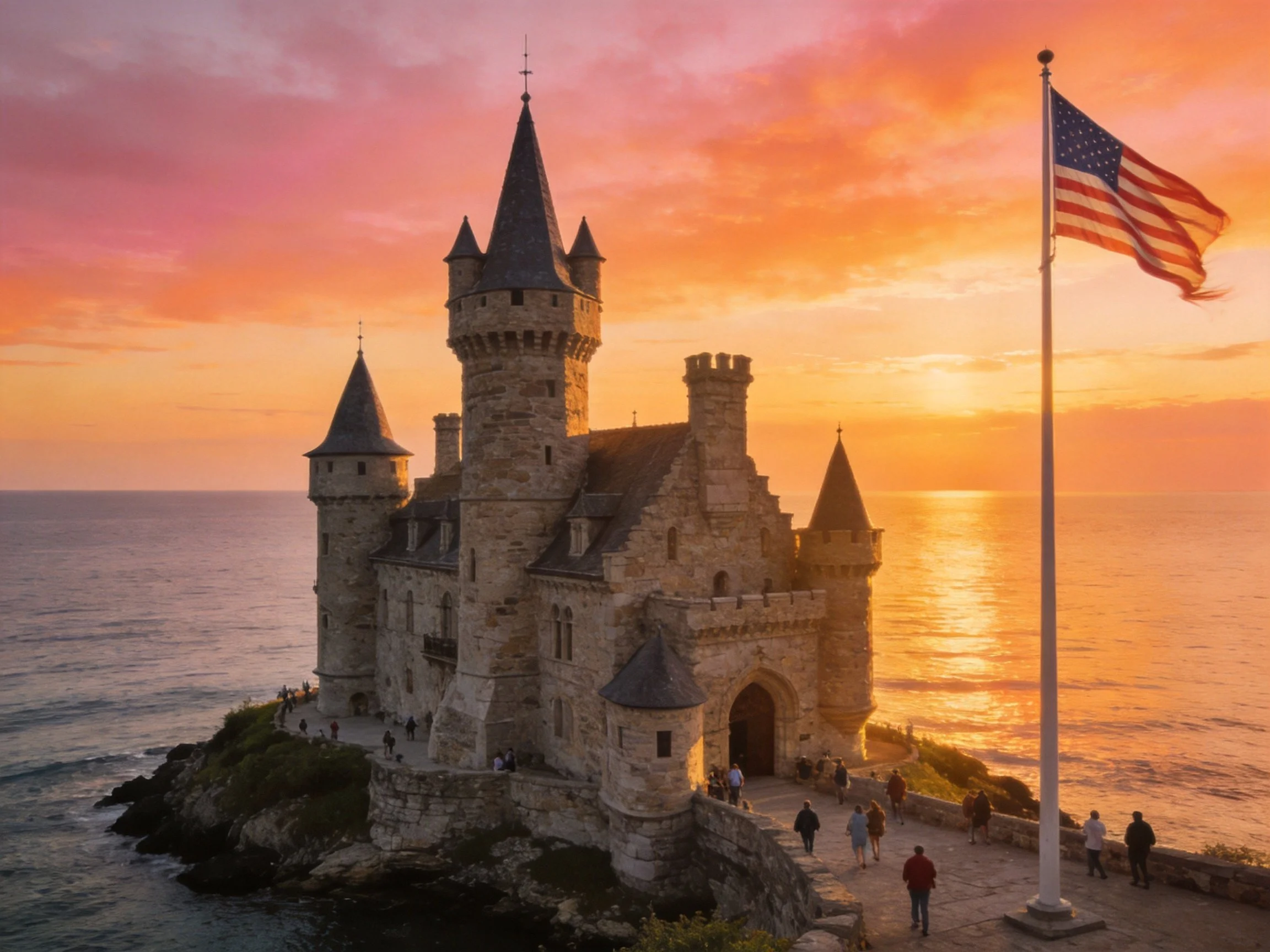 Medieval stone castle on coastal cliff at sunset