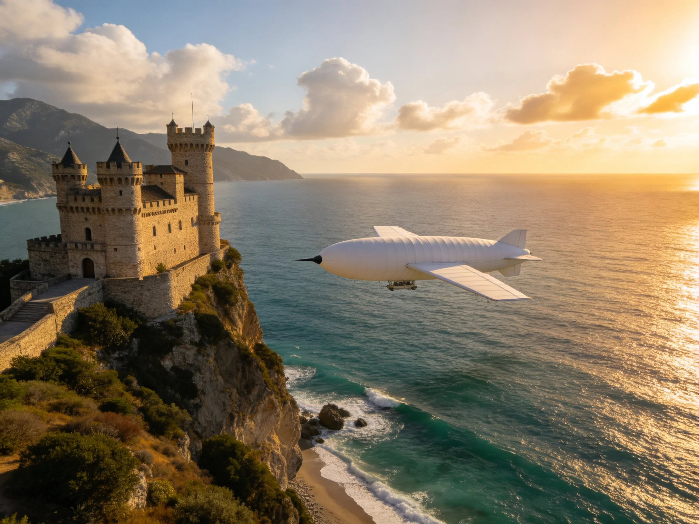 Medieval stone castle on coastal cliff with white airship over ocean at golden hour