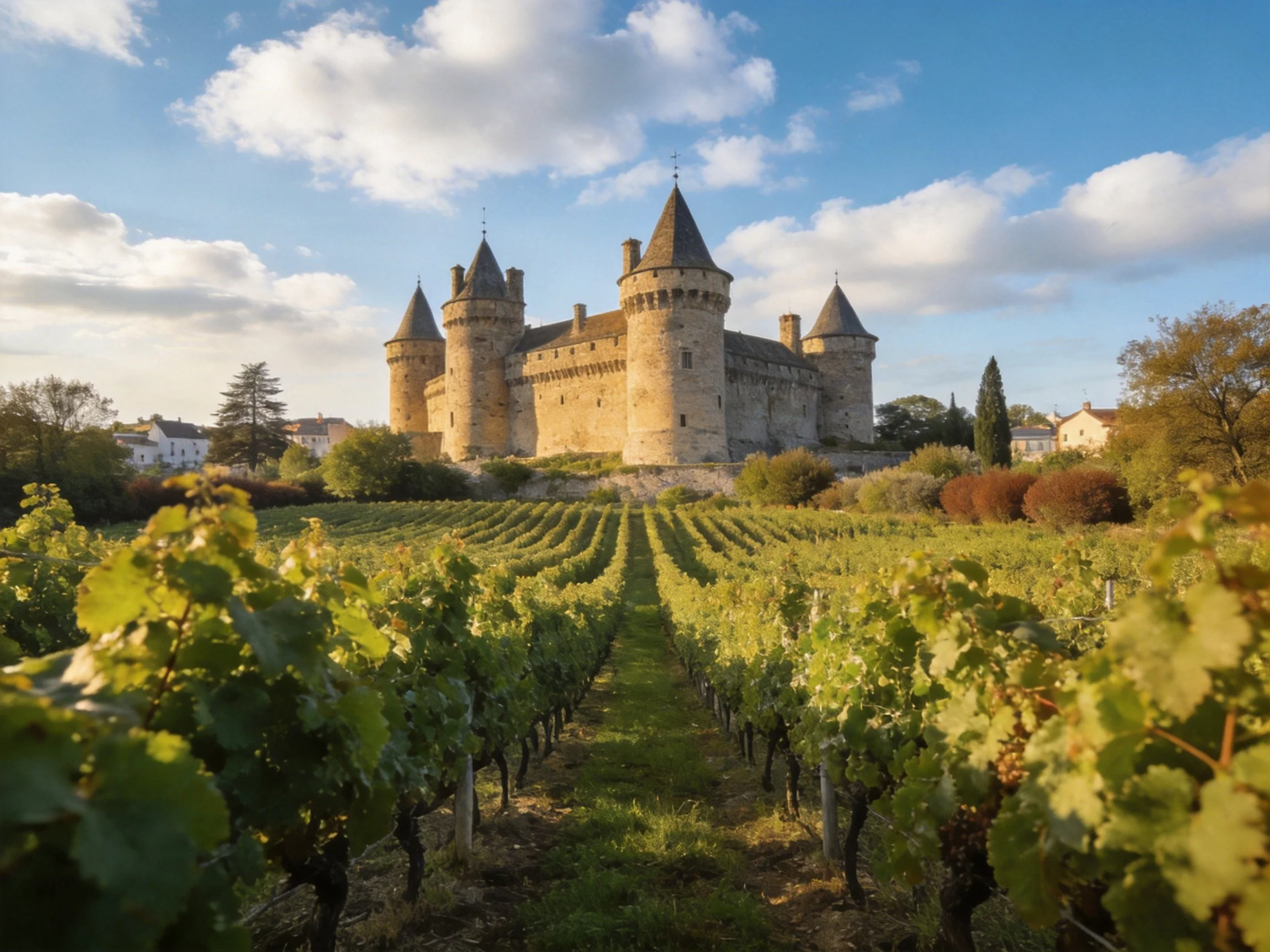 Medieval stone castle overlooks lush green vineyard landscape.