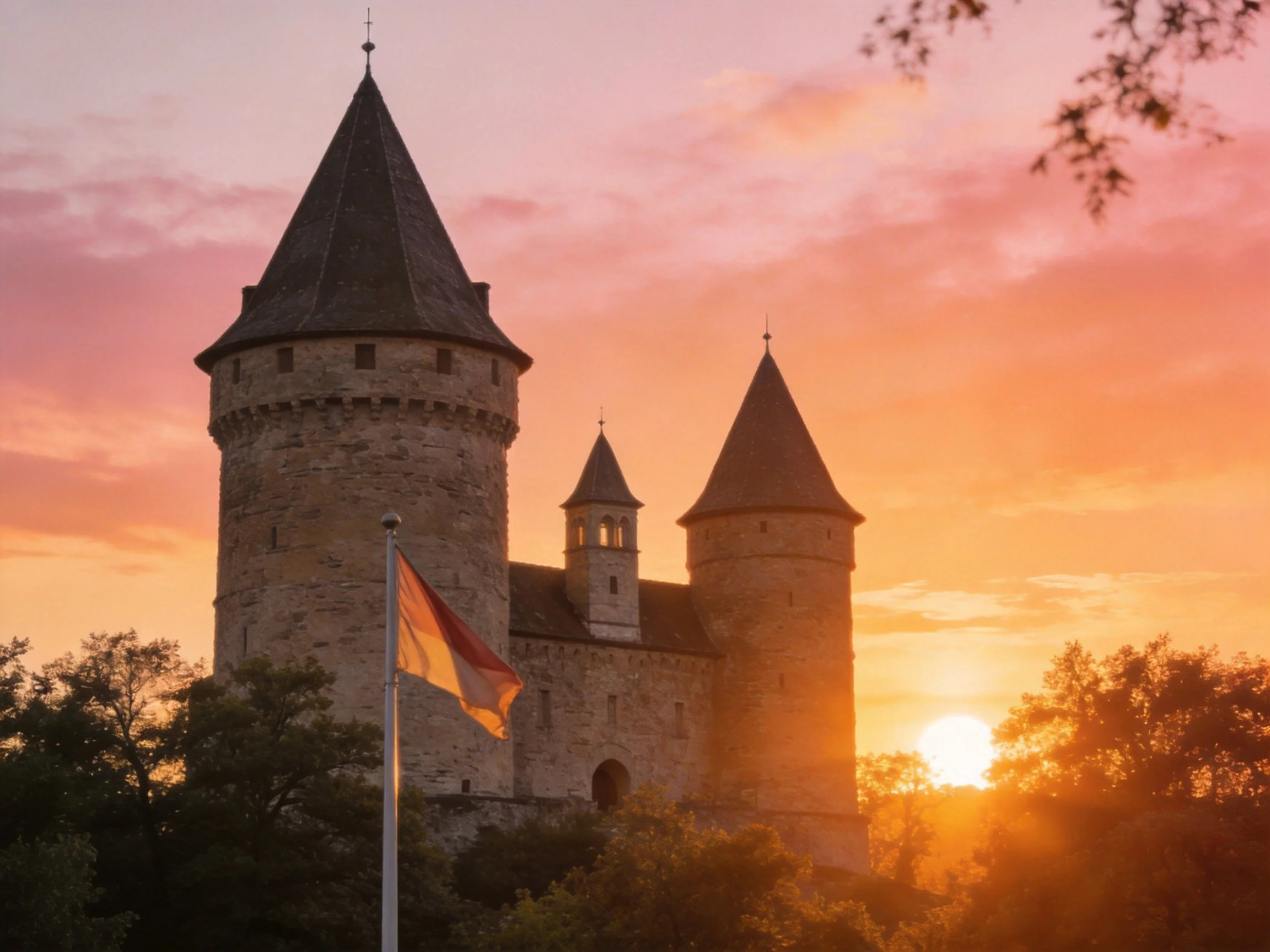 Medieval stone castle towers under vibrant sunset sky