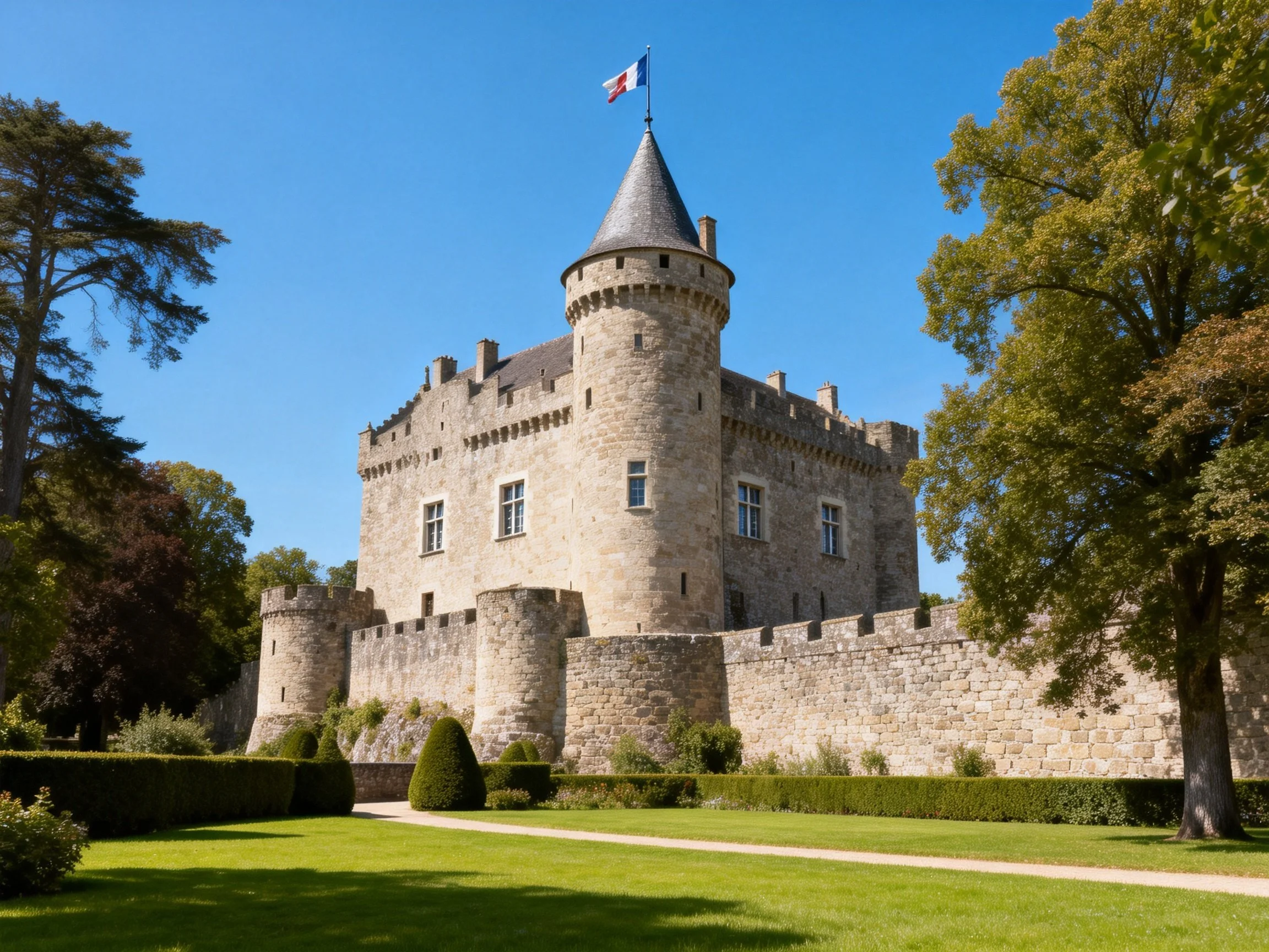 Medieval stone castle with crenellated towers and manicured lawns