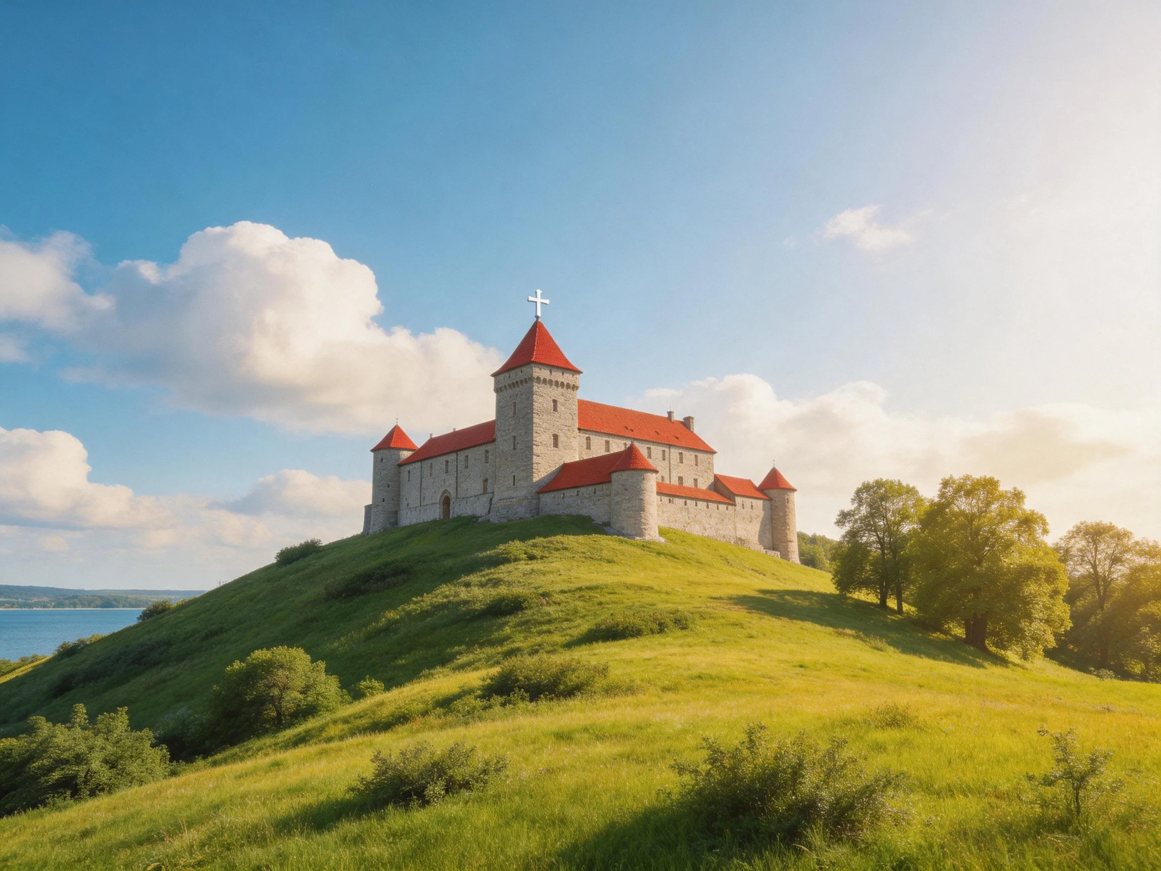 Medieval stone castle with red roofs atop a lush green hill