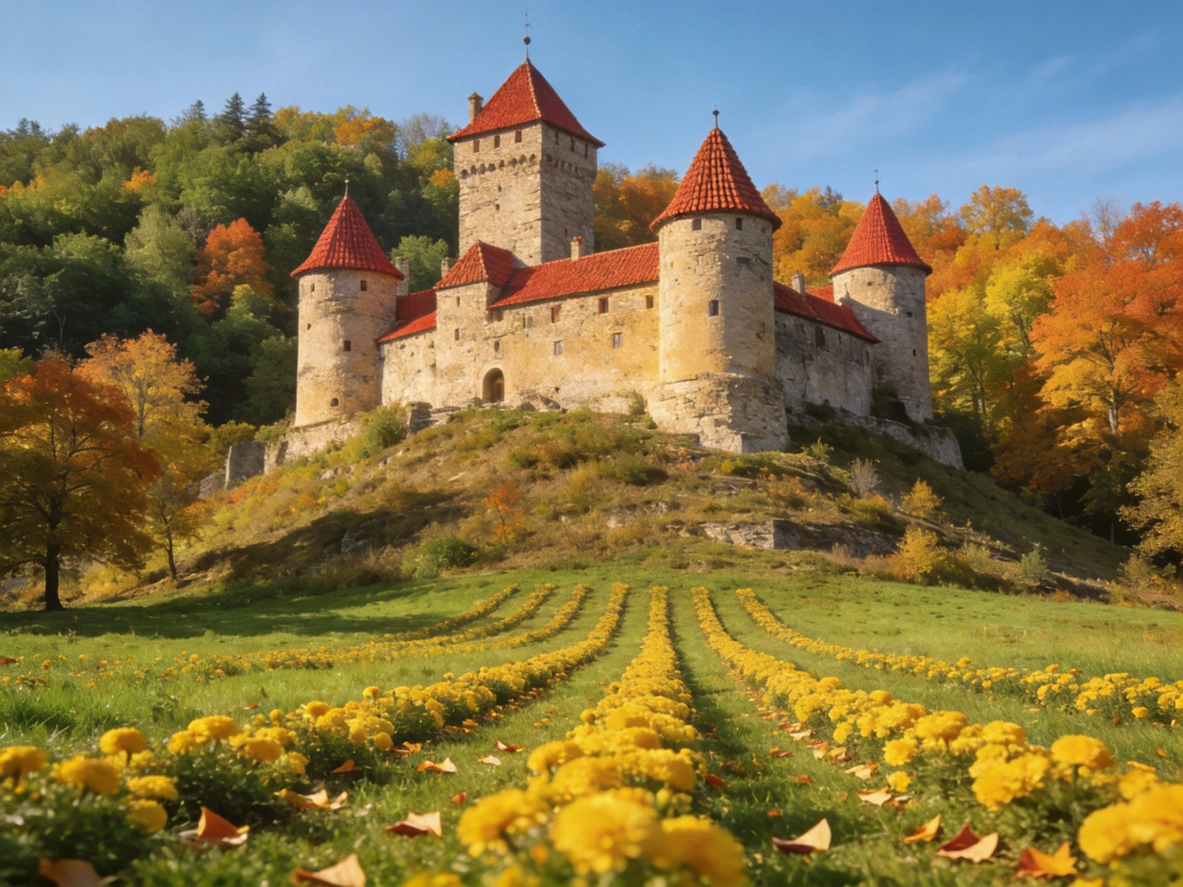 Medieval stone castle with red-tiled towers atop an autumn hill