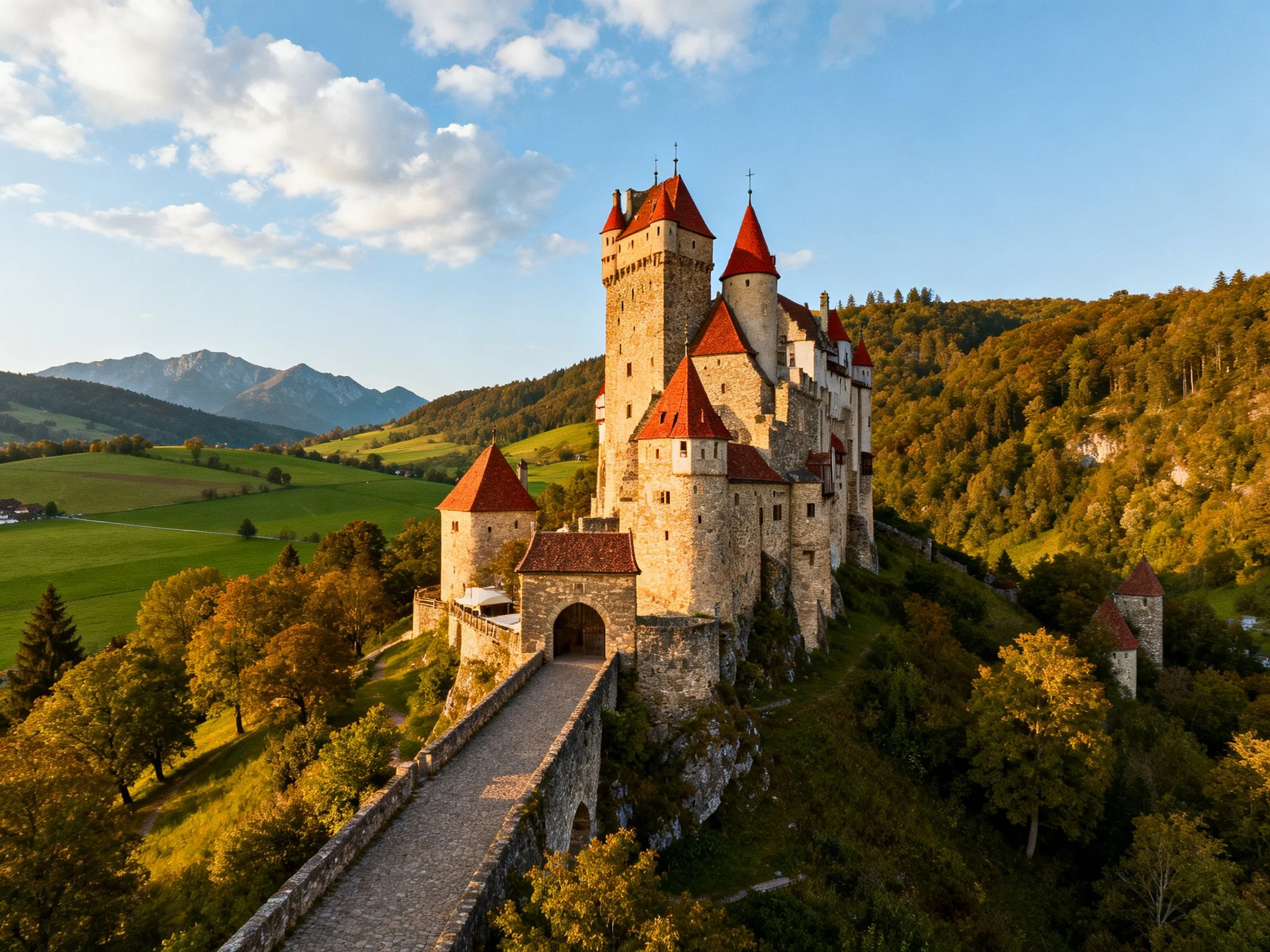 Medieval stone castle with red-tiled towers on a hillside