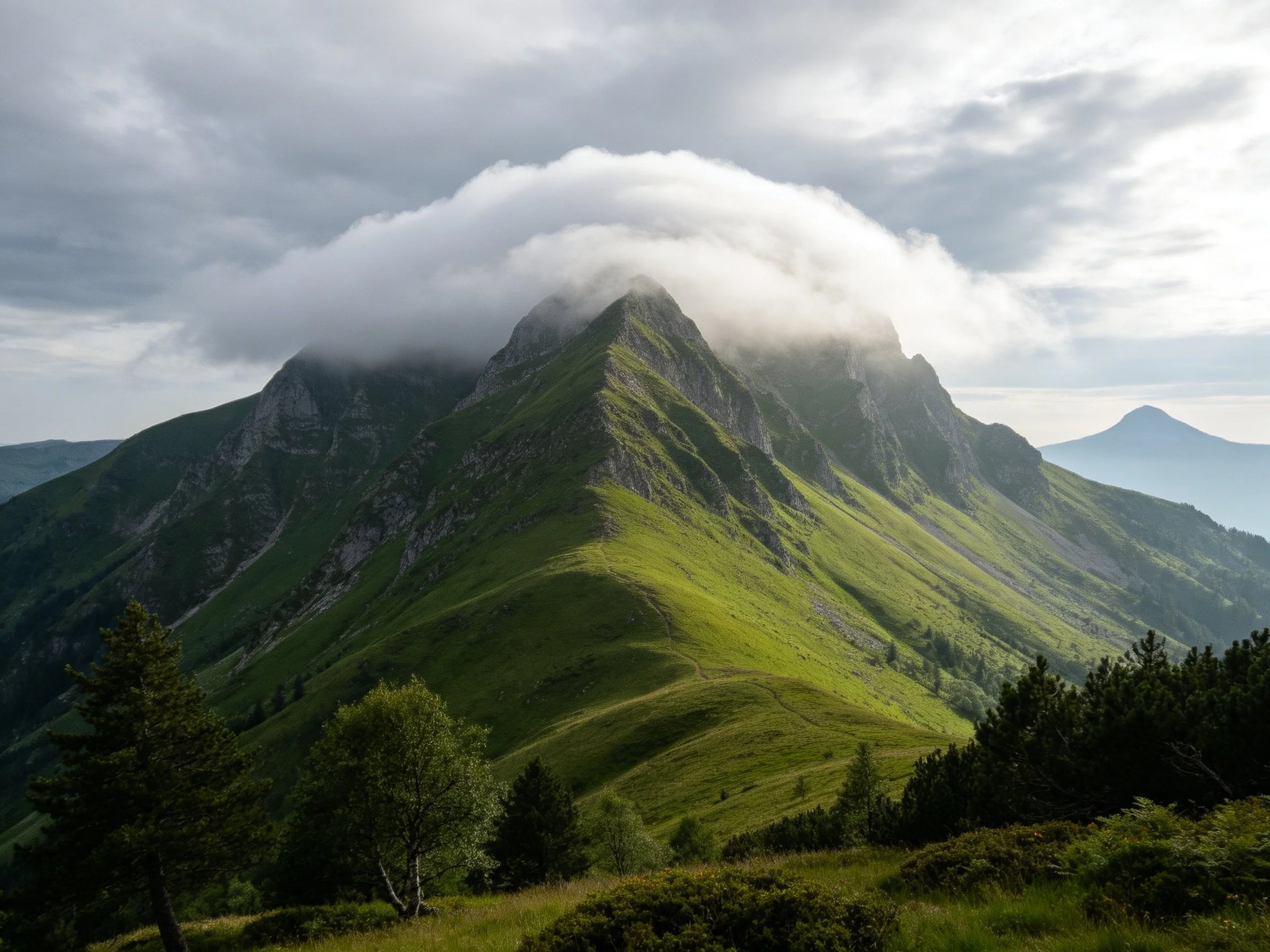 Mist-Covered Mountain with Lush Green Terrain