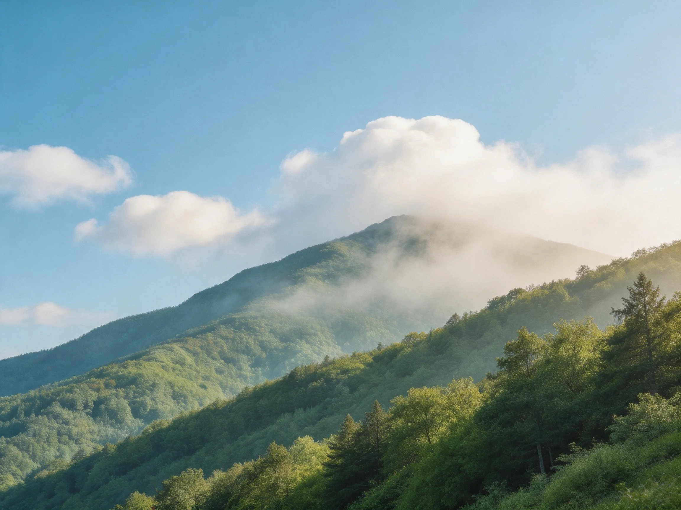 Mist-Shrouded Green Mountains with Blue Skies