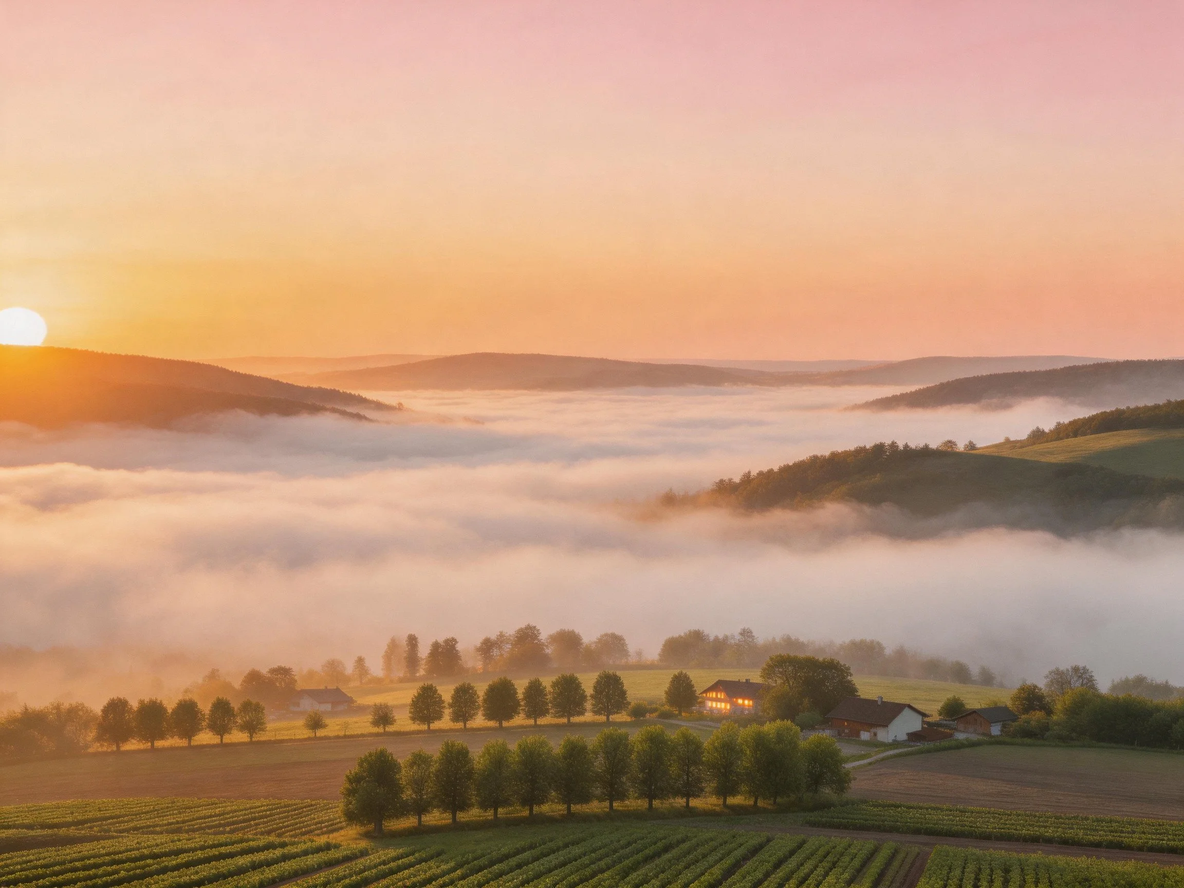 Mist-covered valley with golden sunrise over rolling hills