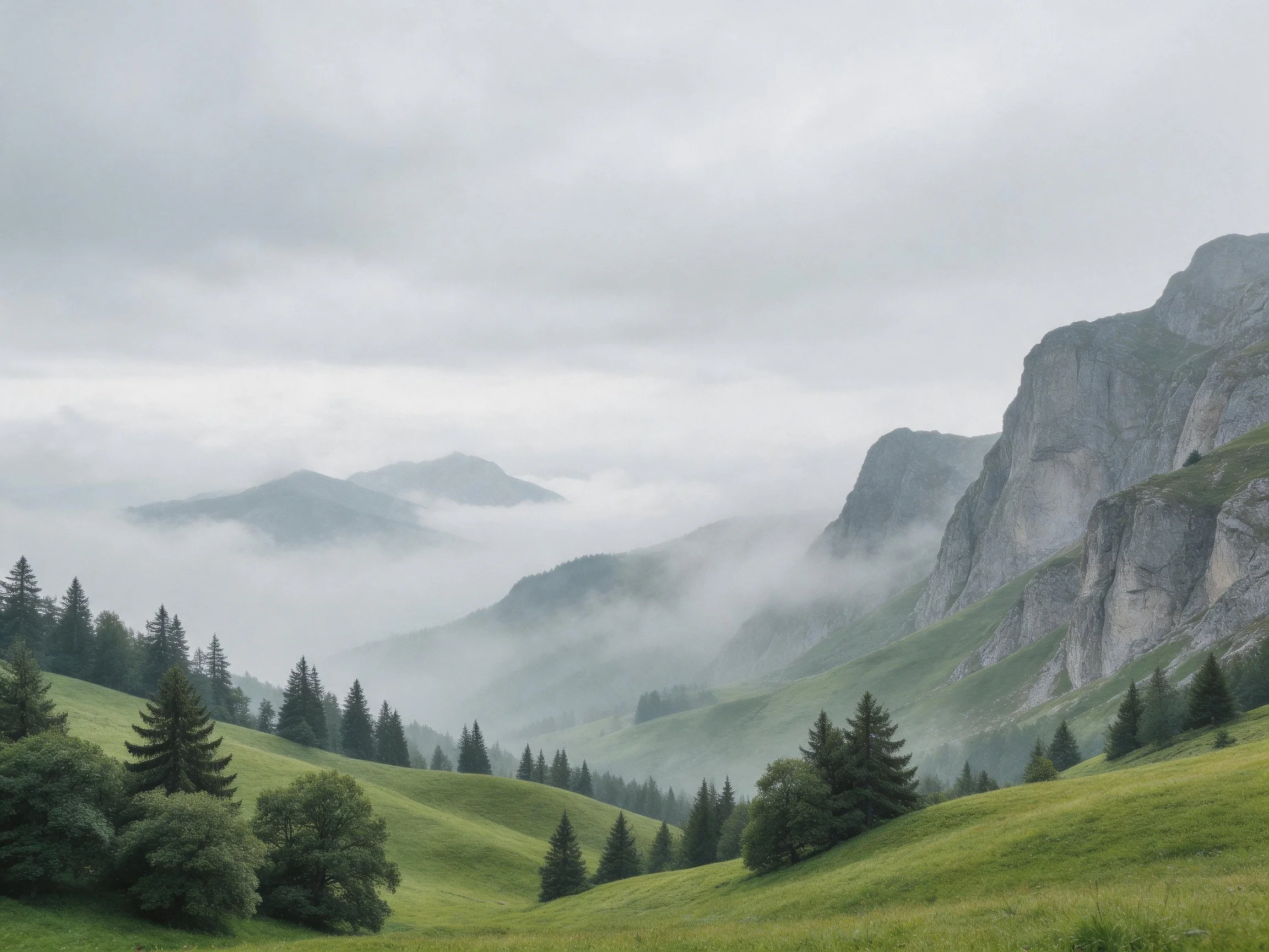 Mist-shrouded mountains, lush green meadows, and scattered pine trees.