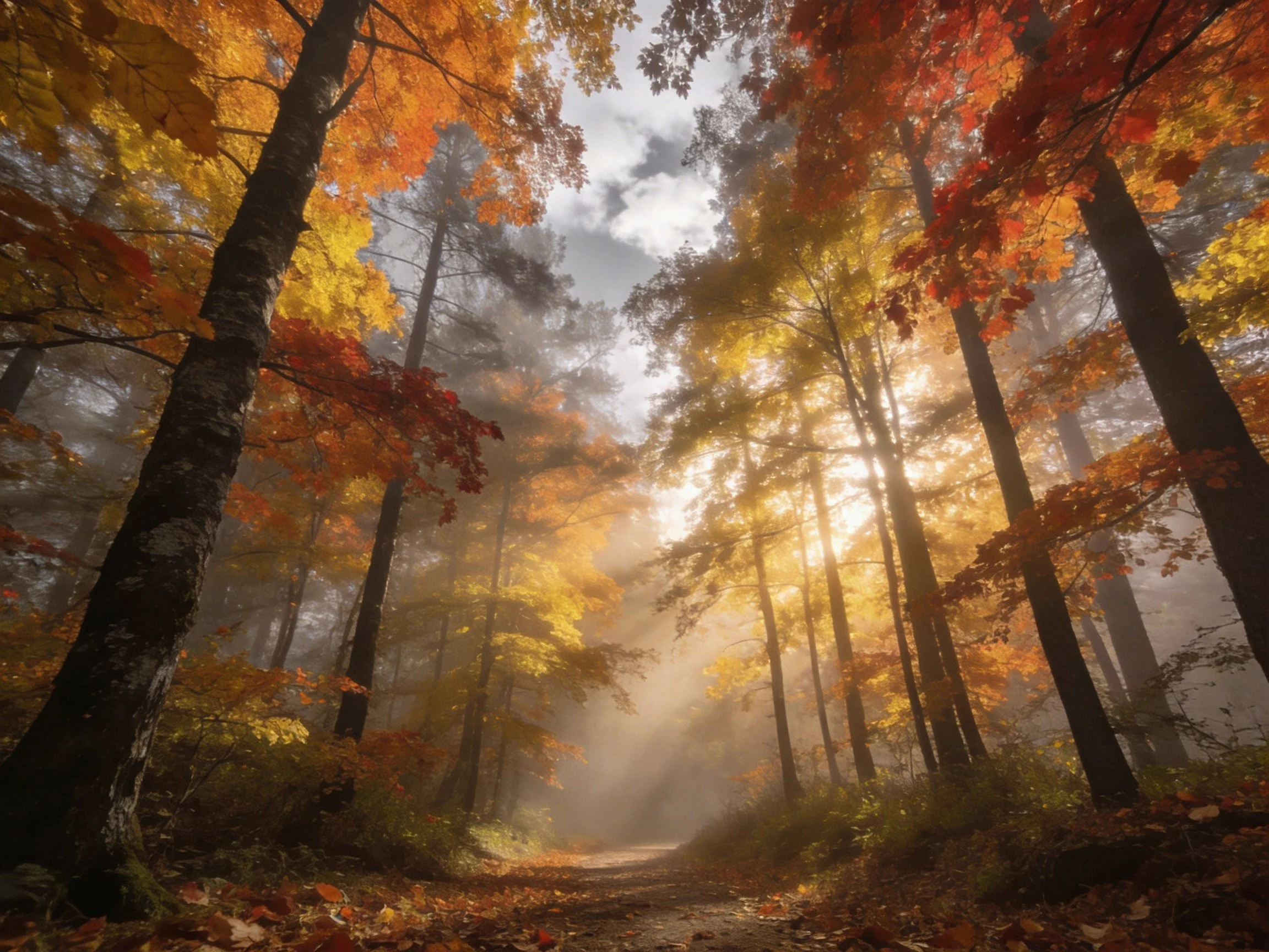 Misty Autumn Forest with Golden and Red Foliage Along a Sunlit Path