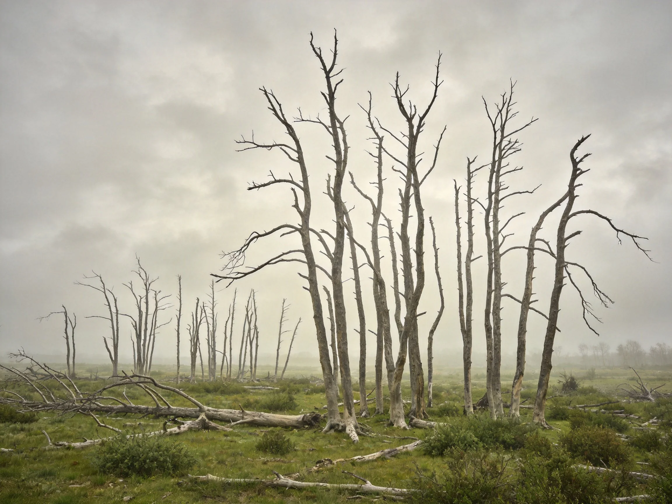 Misty Field with Leafless Trees and Lush Undergrowth