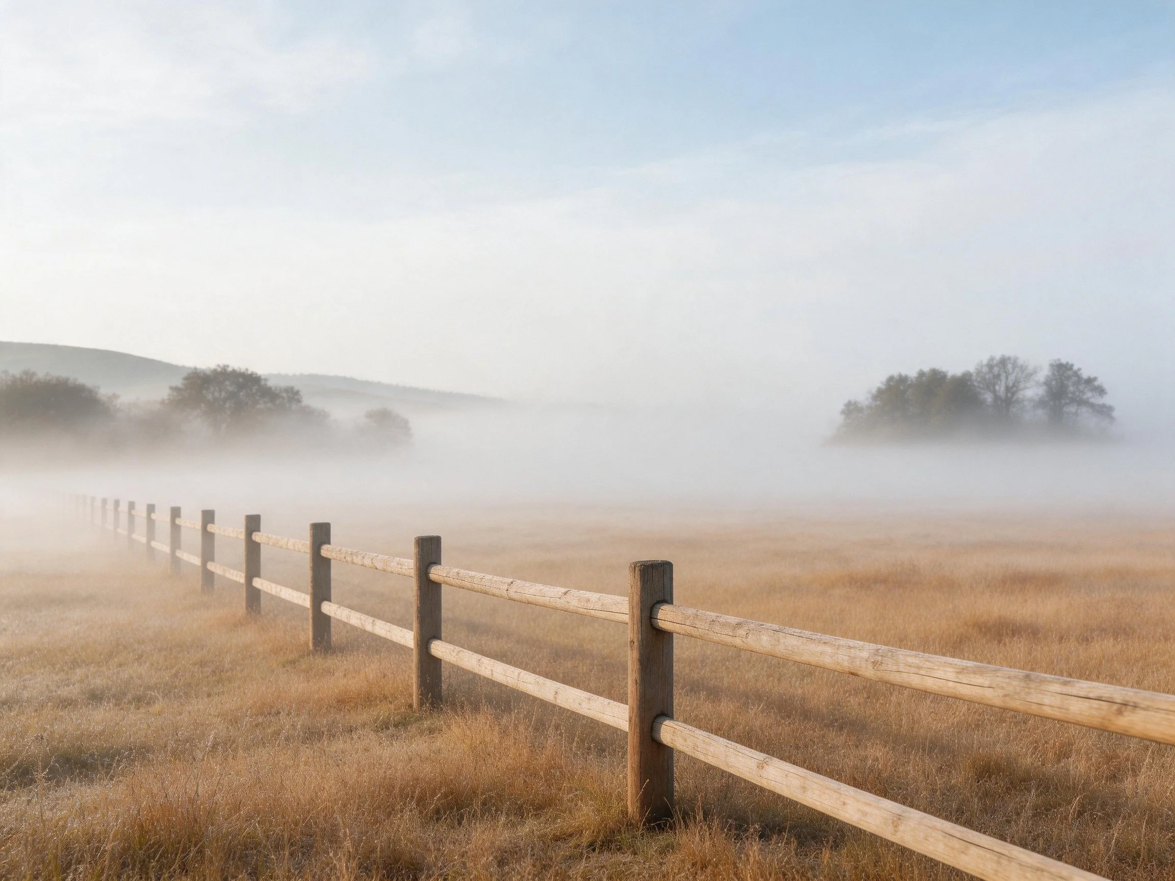 Misty Field with Wooden Fence and Distant Trees