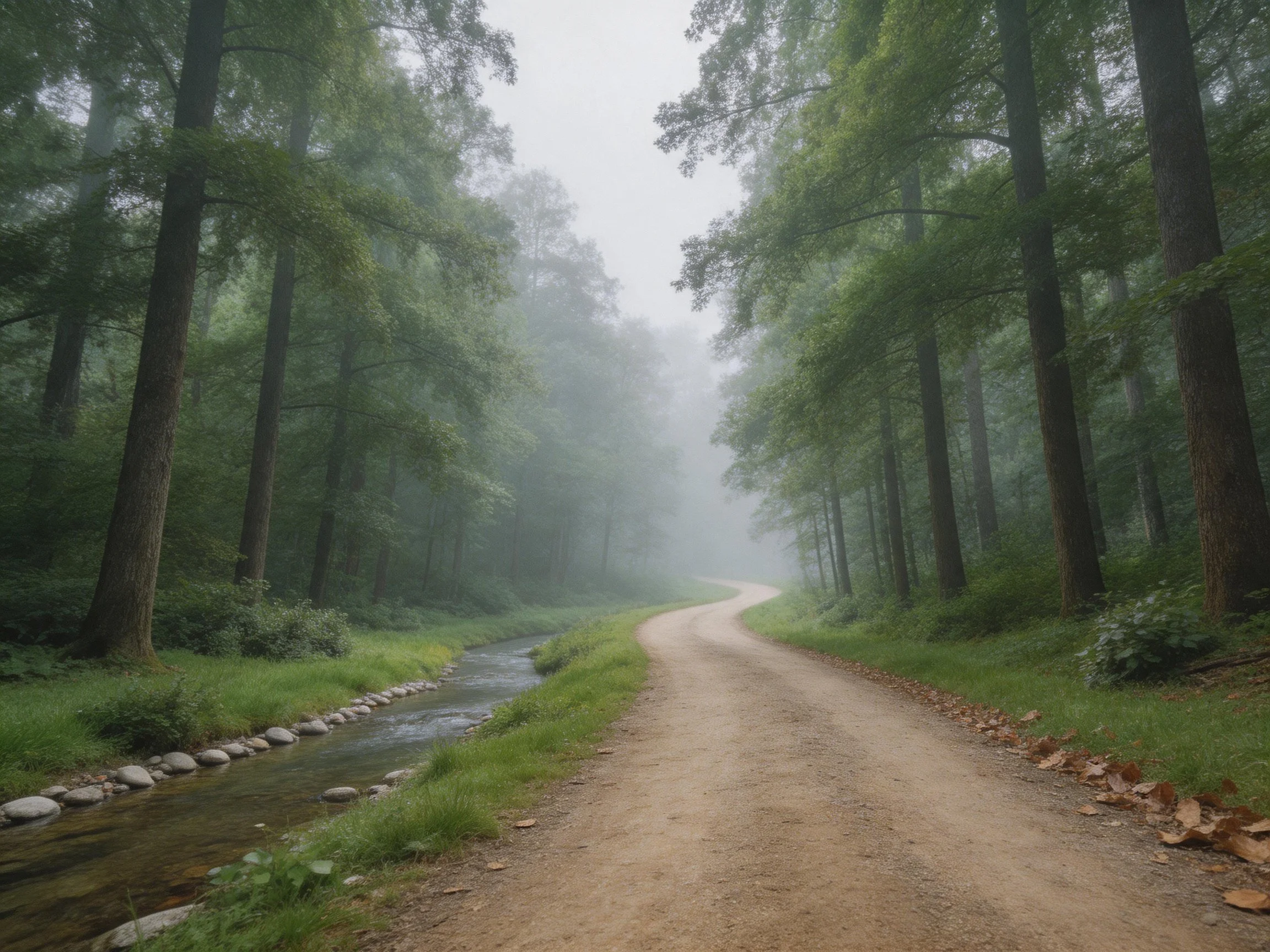 Misty Forest Path Alongside a Winding Stream