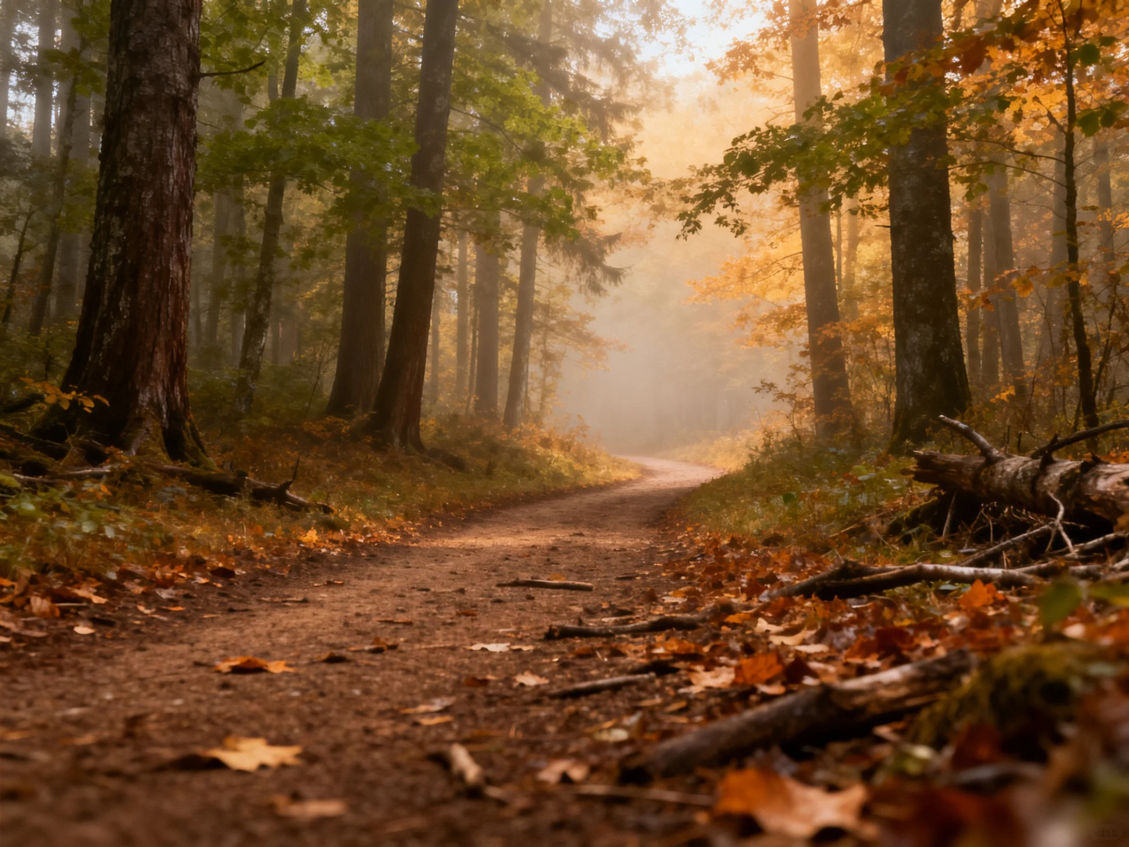 Misty Forest Path Lined With Autumn Trees And Fallen Logs