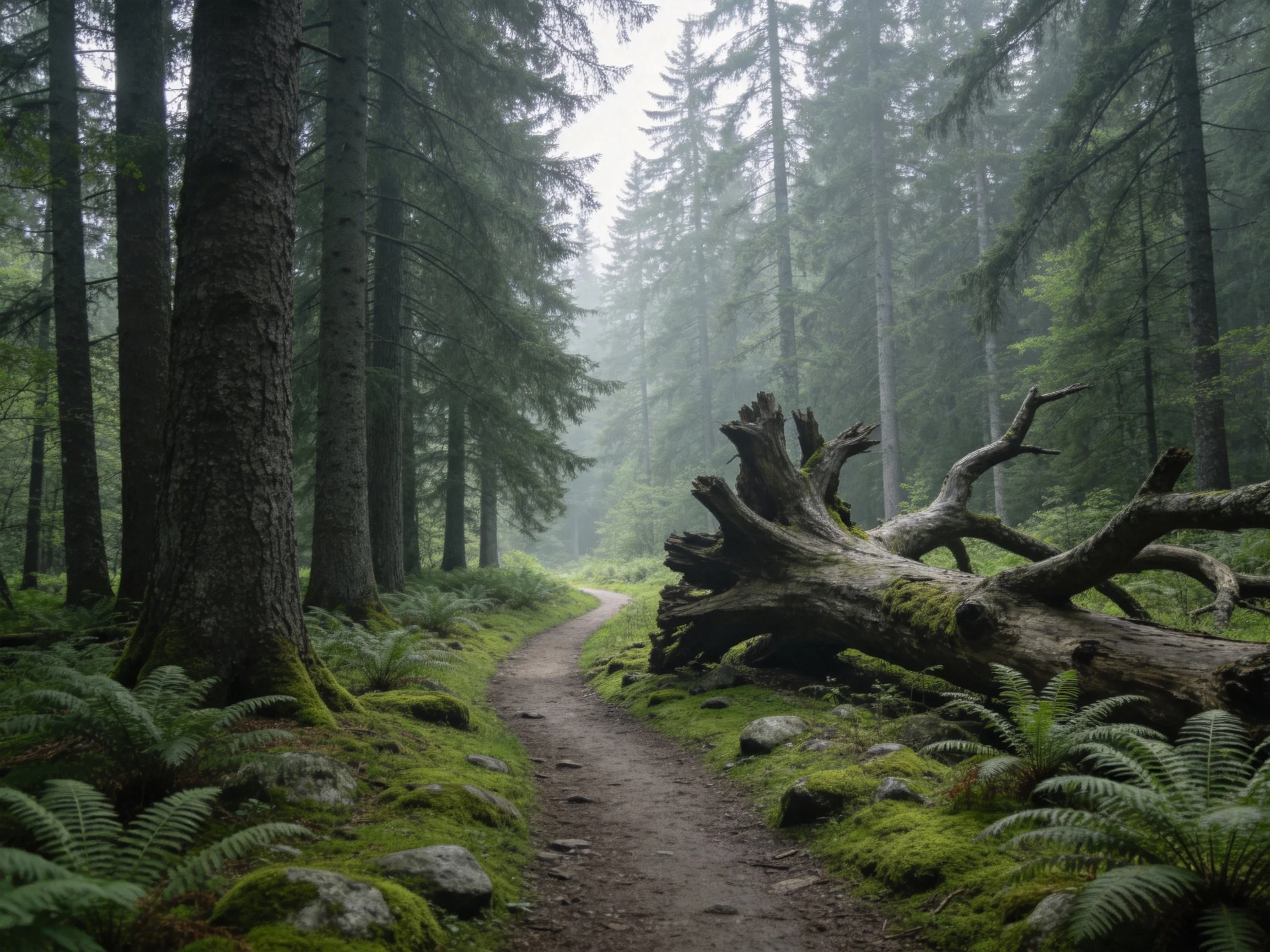 Misty Forest Path with Fallen Log and Lush Greenery