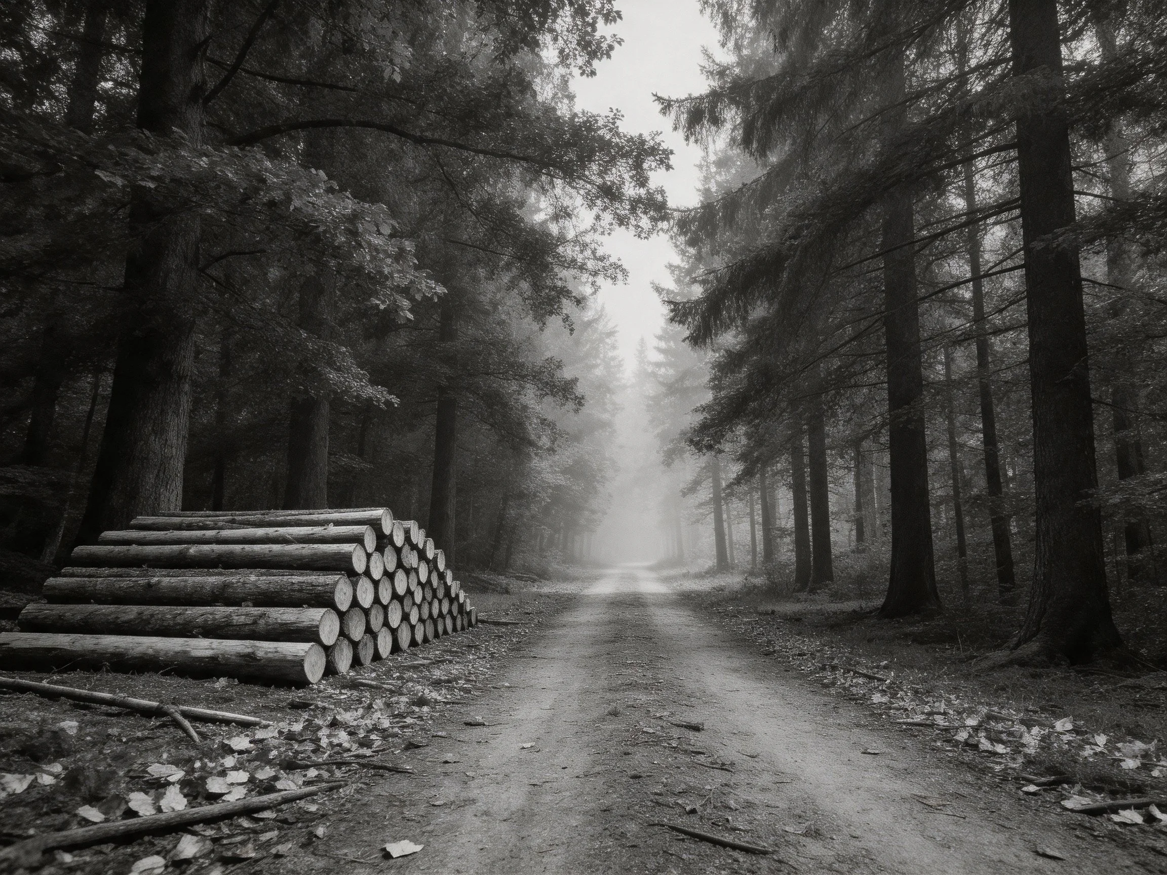 Misty Forest Path with Stacked Logs and Tall Trees