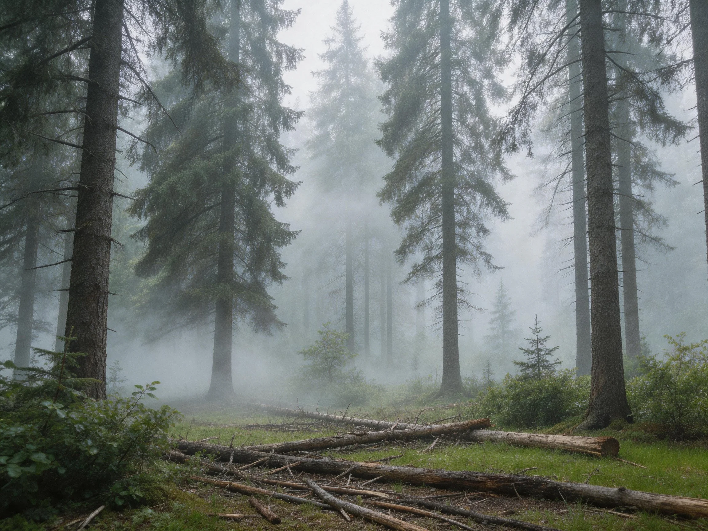 Misty Forest Scene with Tall Evergreen Trees and Fallen Logs