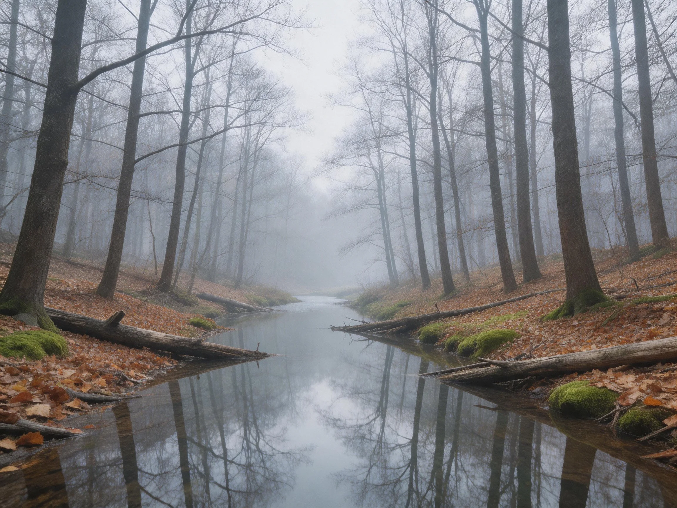 Misty Forest Stream with Bare Trees and Fallen Logs