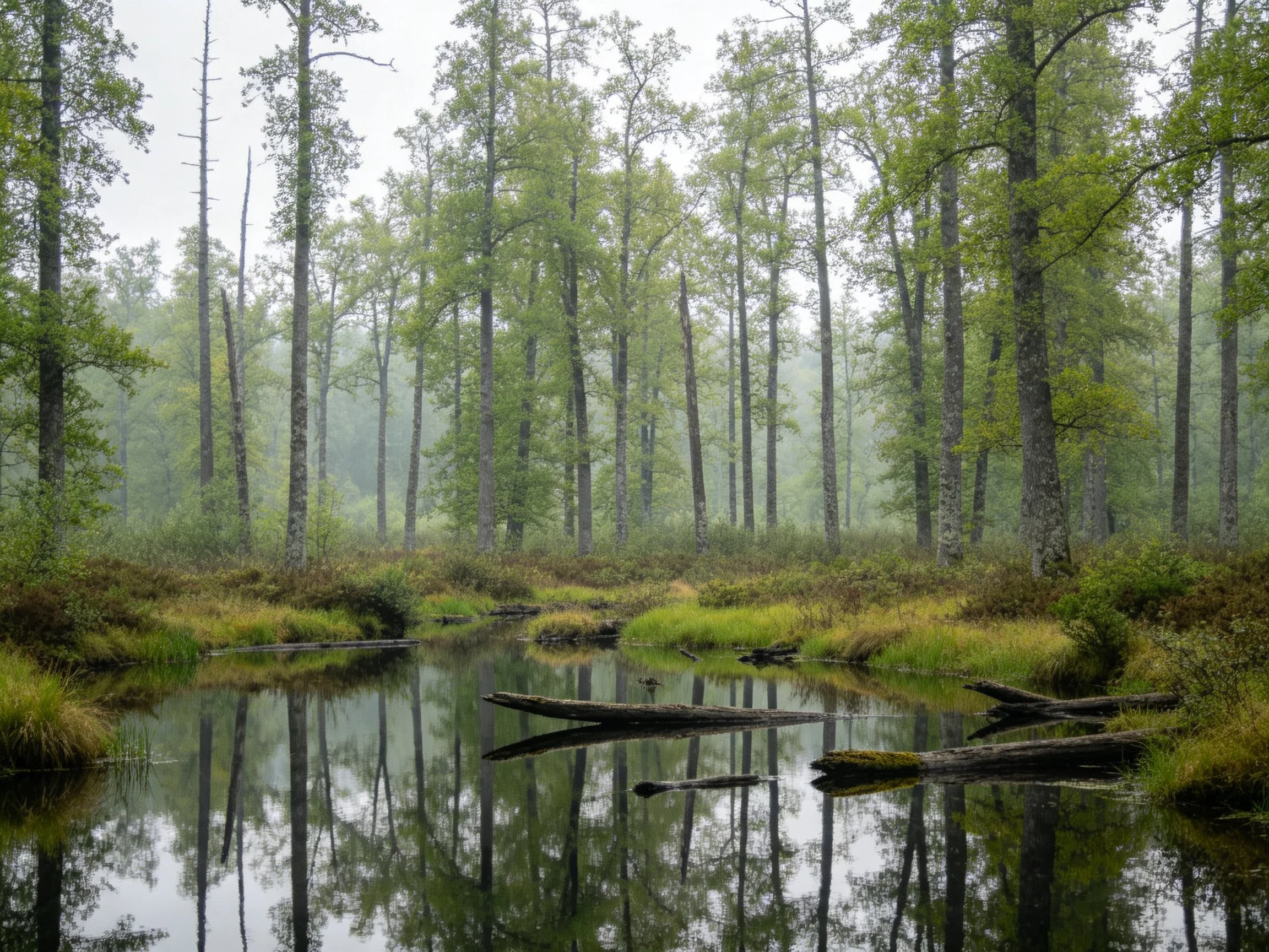 Misty Forest Stream with Tall Trees and Reflective Water
