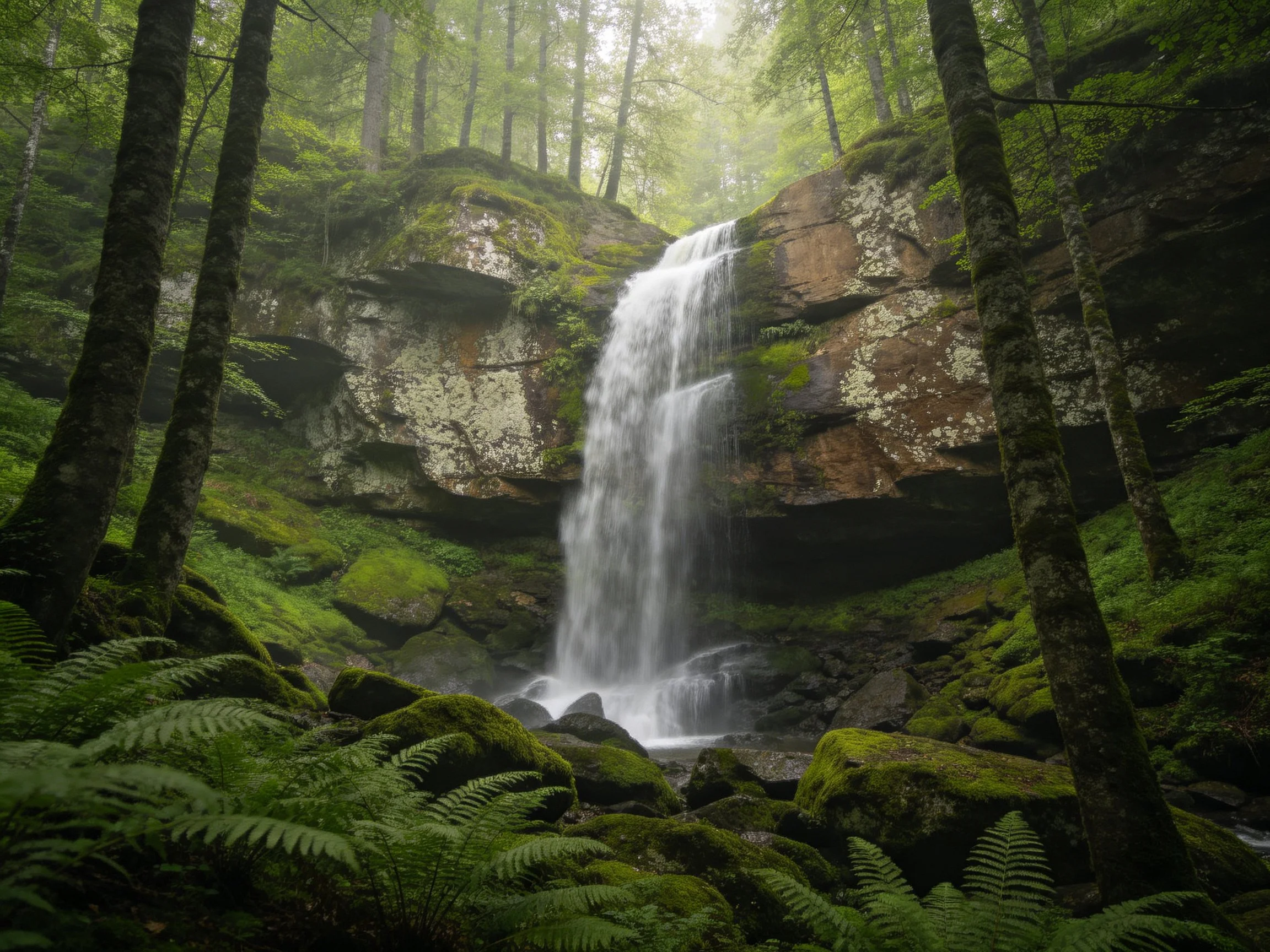 Misty Forest Waterfall Over Moss-Lined Rocks