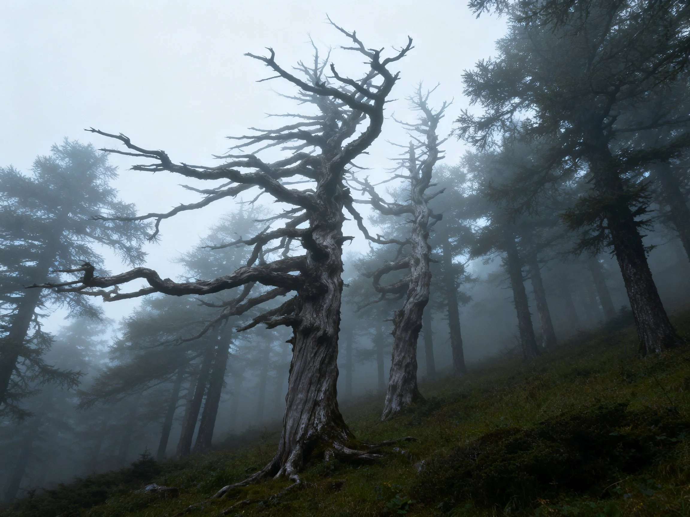 Misty Forest with Ancient, Twisted Dead Trees