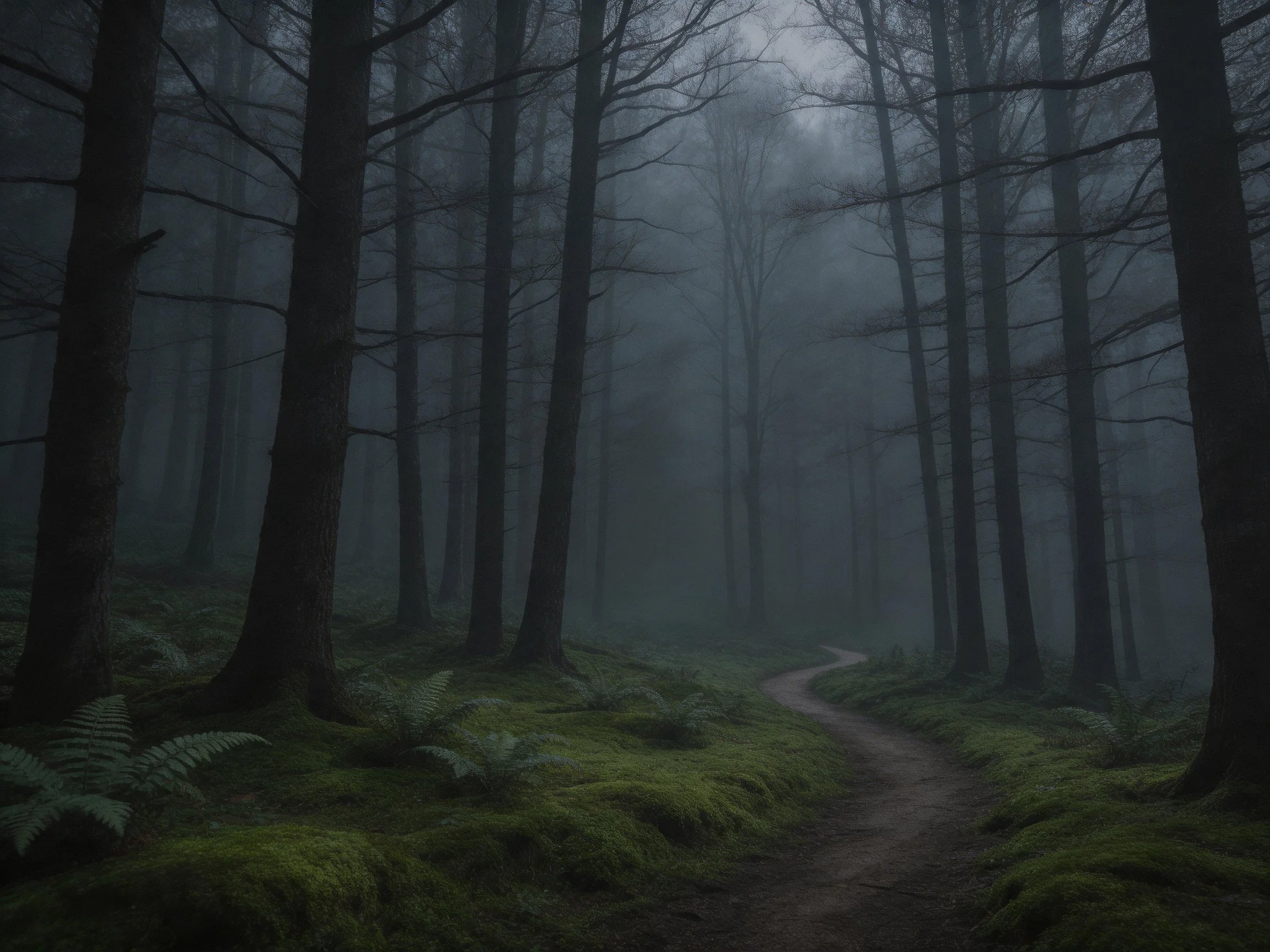 Misty Forest with Tall Bare Trees, Winding Path, and Mossy Ground