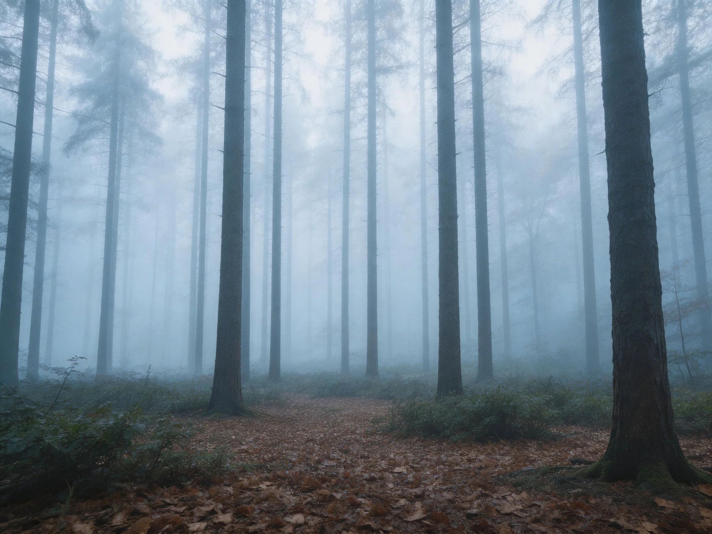 Misty Forest with Tall Evergreen Trees and Fallen Leaves