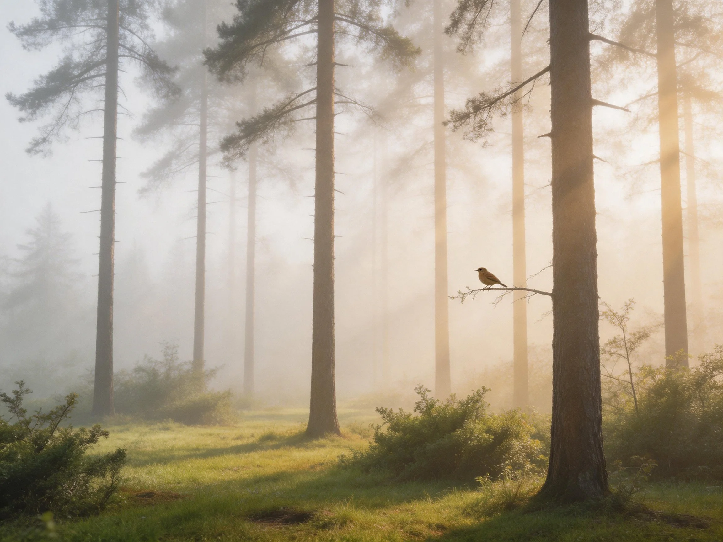 Misty Forest with Tall Pine Trees and a Perched Bird