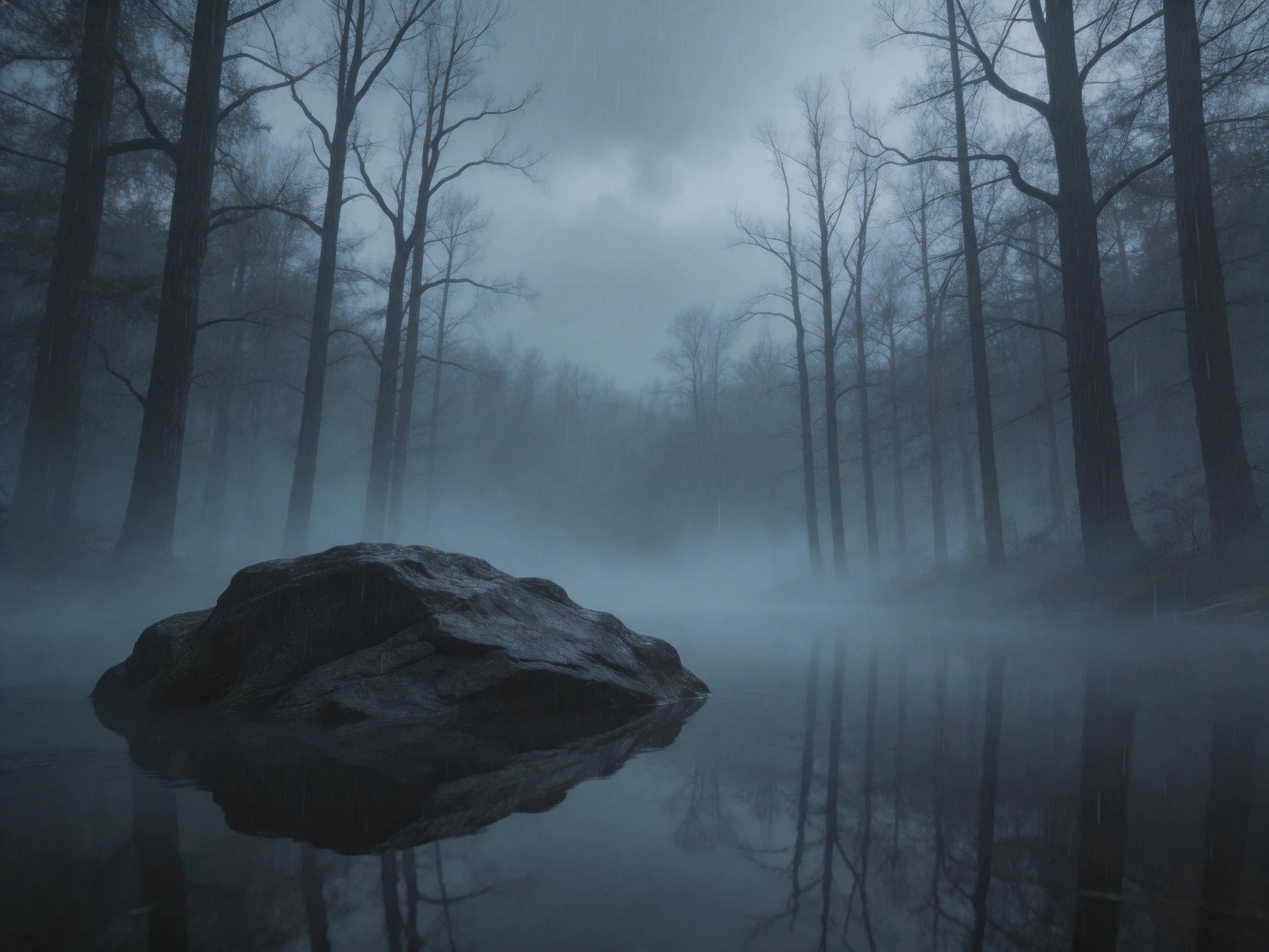 Misty Forest with Tall Trees and Central Rock