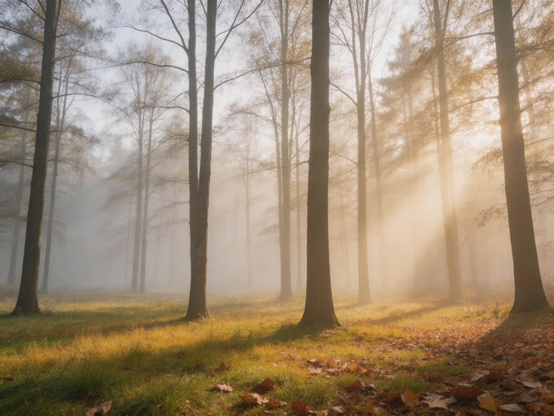 Misty Forest with Tall Trees and Sunlight