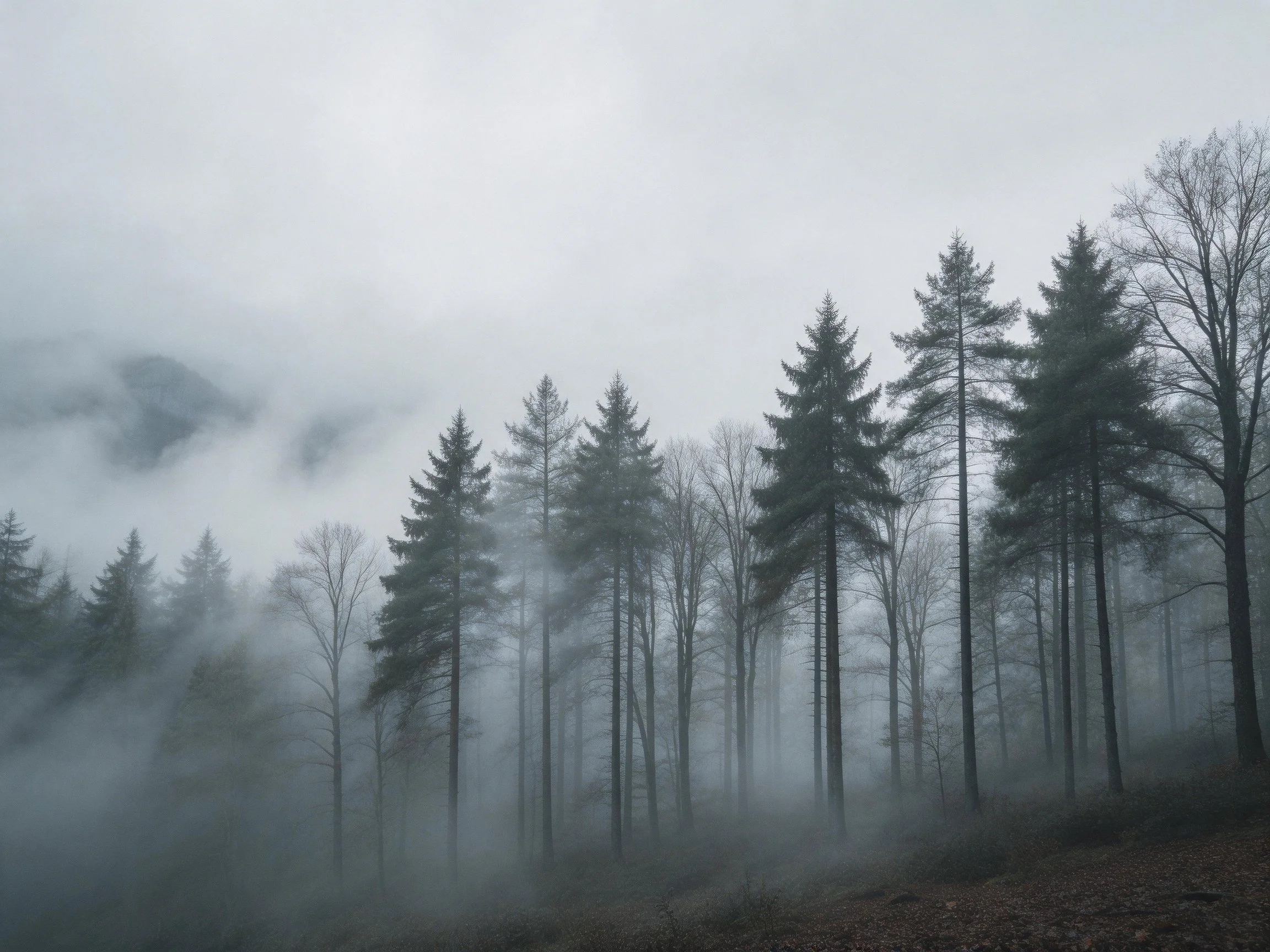 Misty Gray Forest with Tall Evergreen and Bare Trees