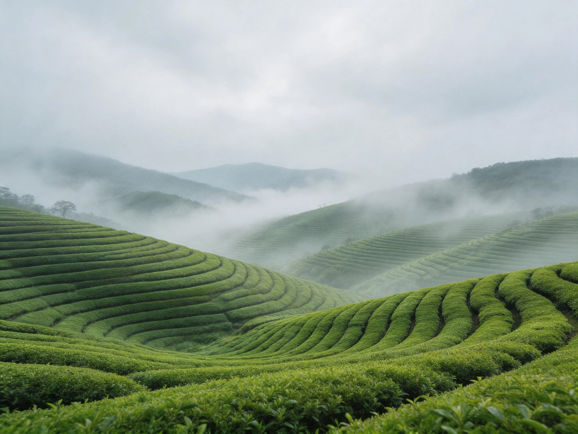 Misty Green Tea Plantations on Rolling Hills with Layered Rows