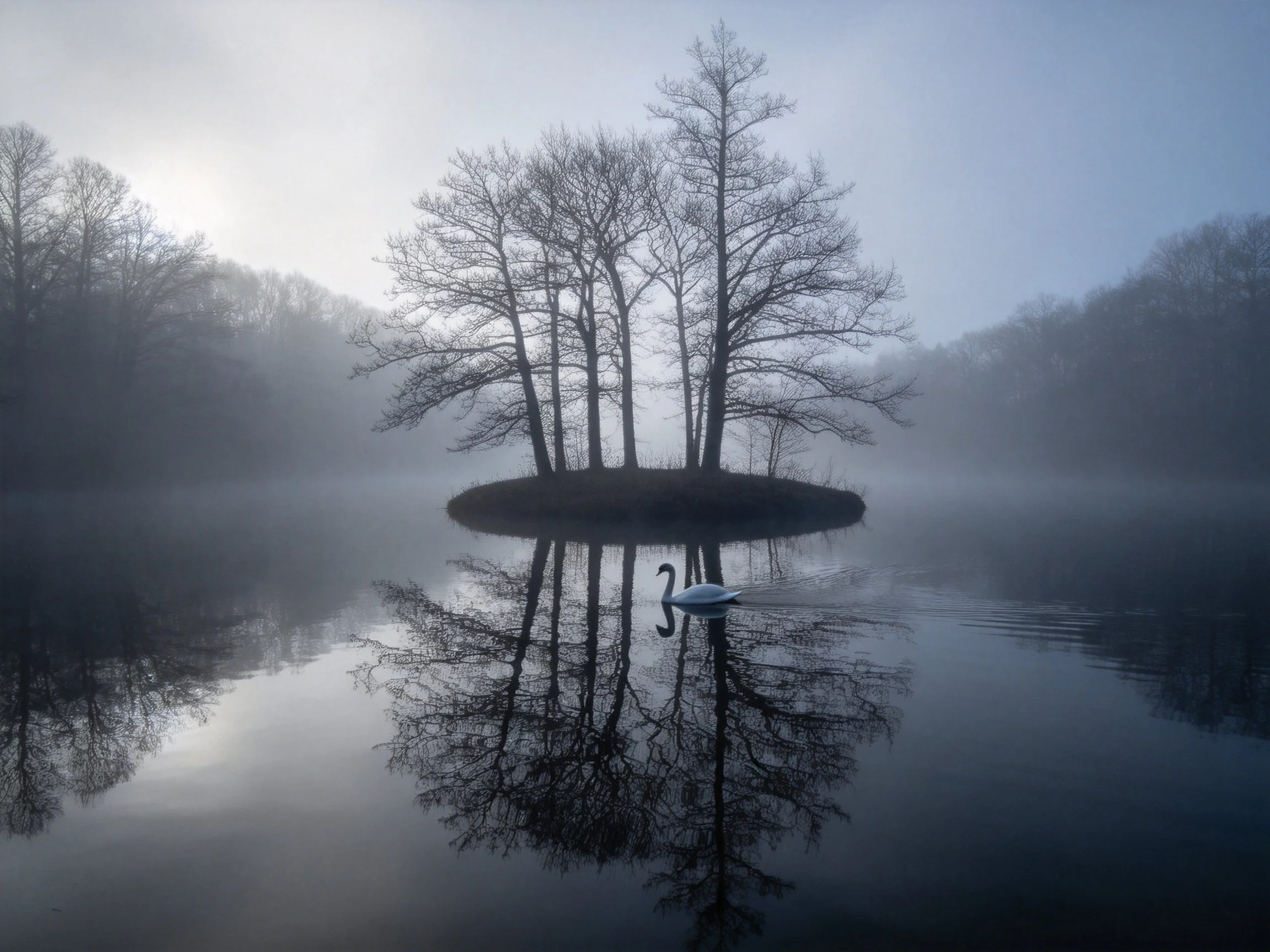 Misty Lake Island with Bare Trees and a Swan