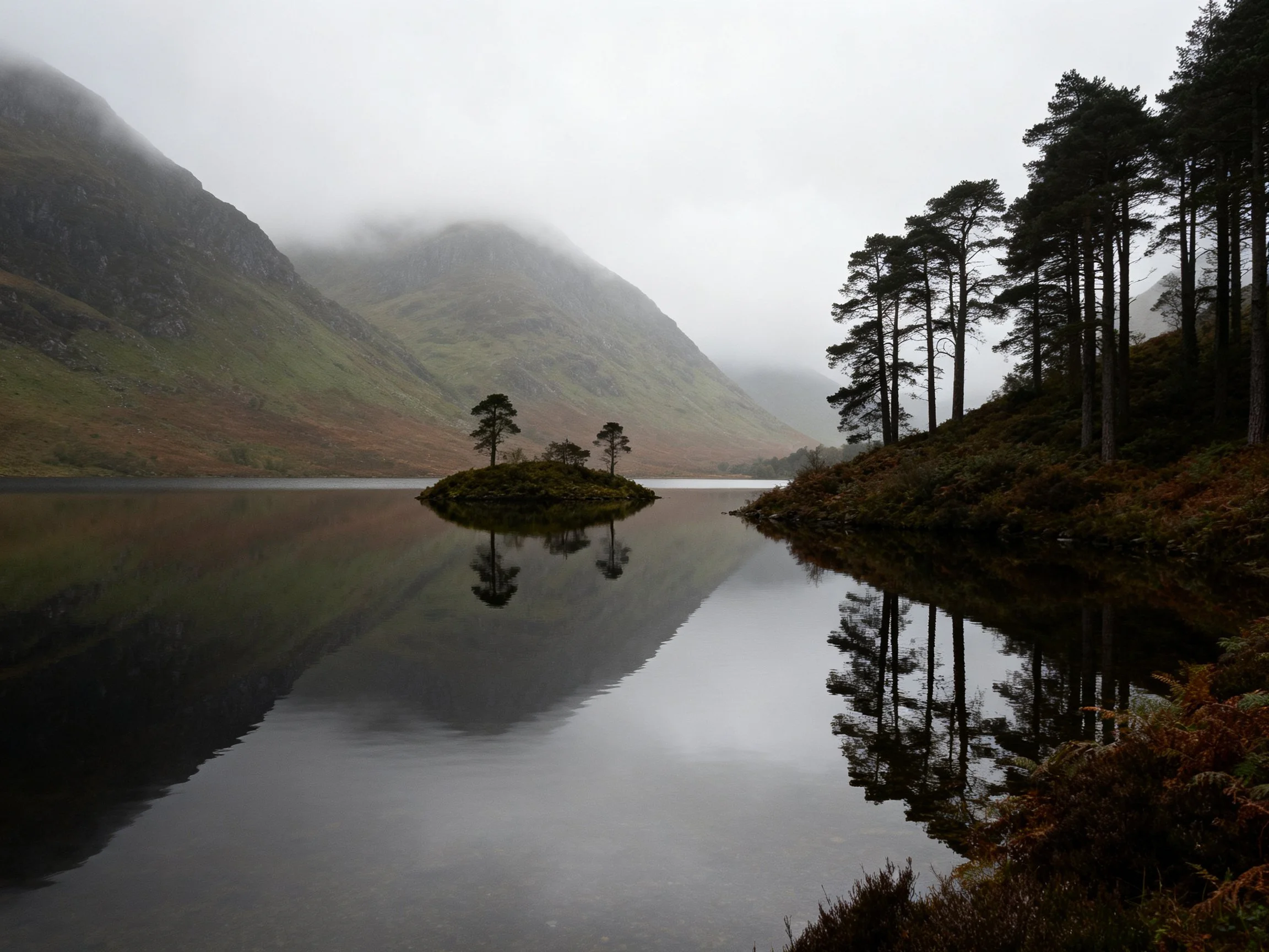 Misty Lake Reflecting Mountains, Island, and Pine Trees