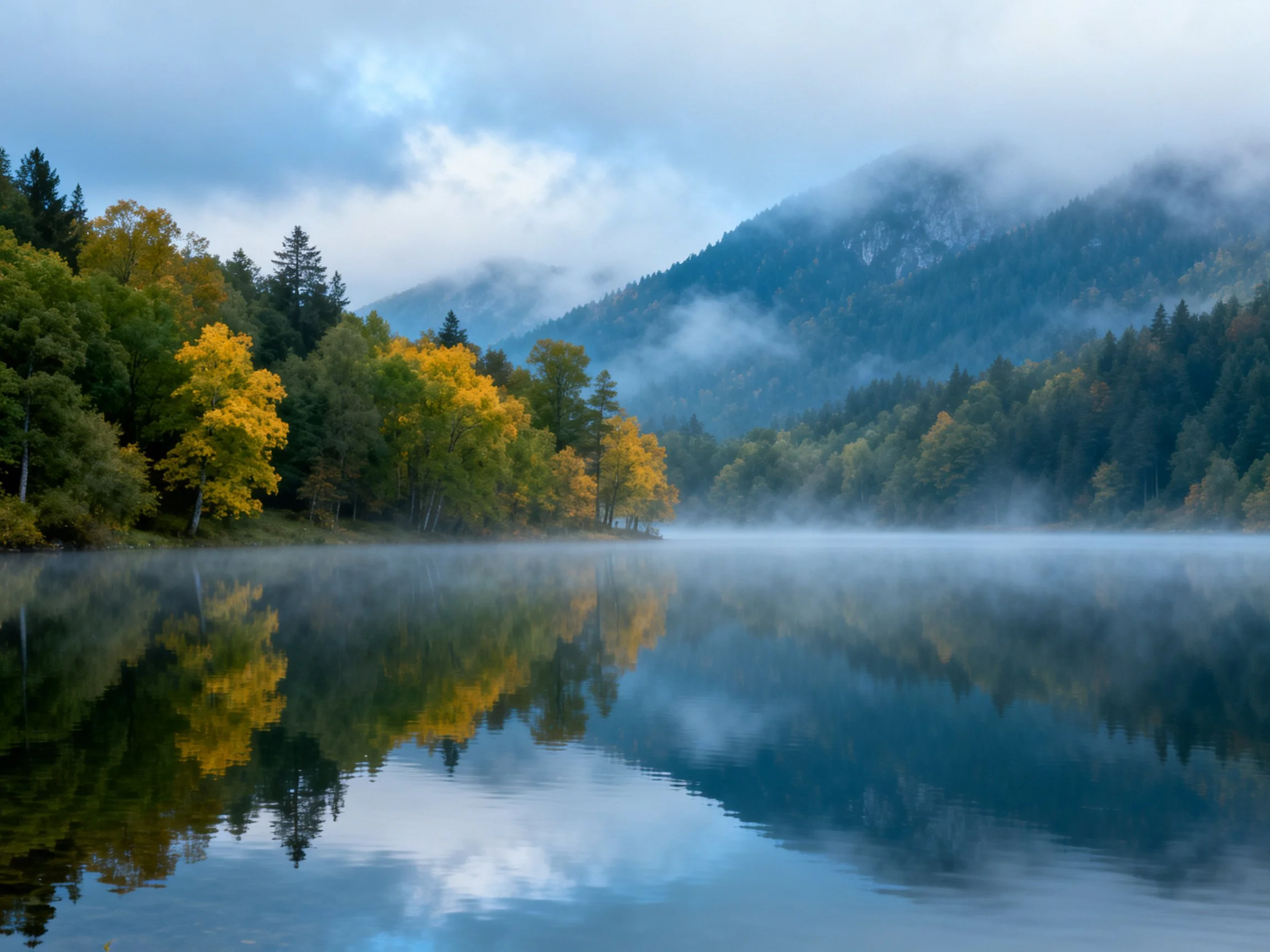 Misty Lake Reflects Autumn Trees and Mountain Peaks