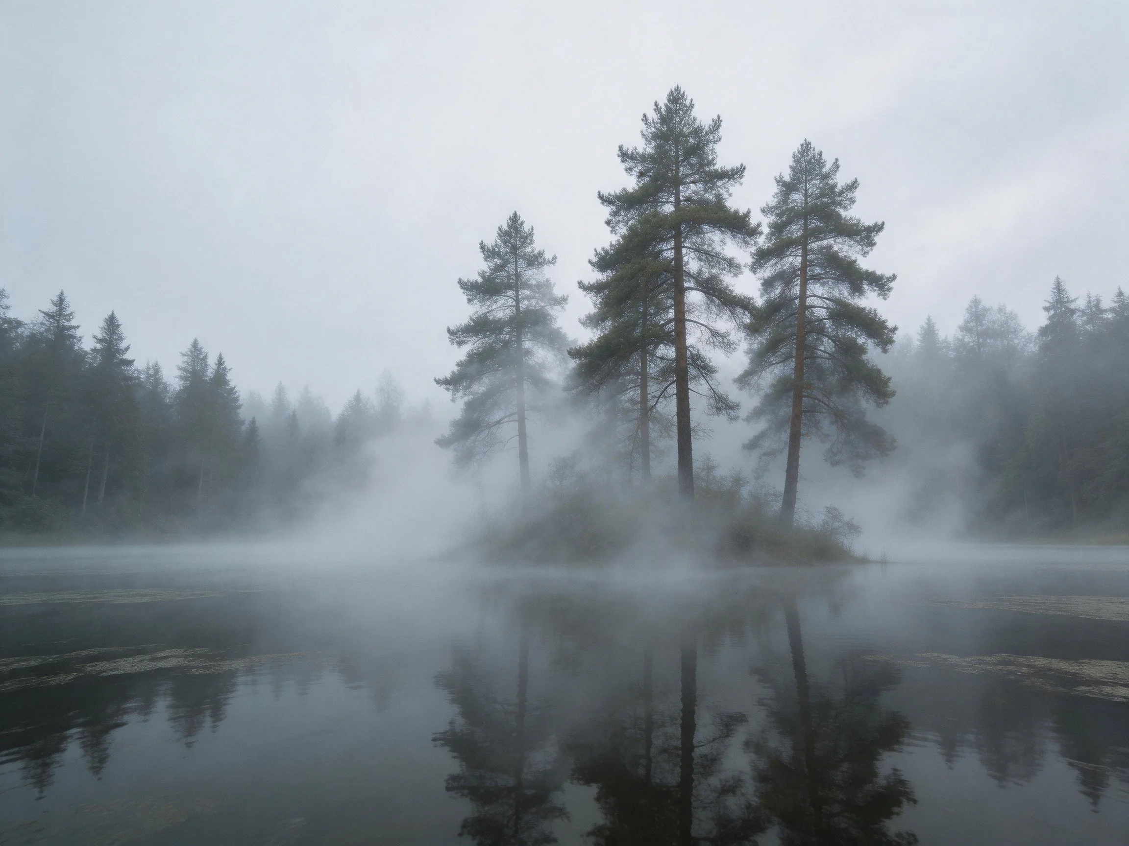 Misty Lake with Tall Pine Trees Reflecting in Still Waters