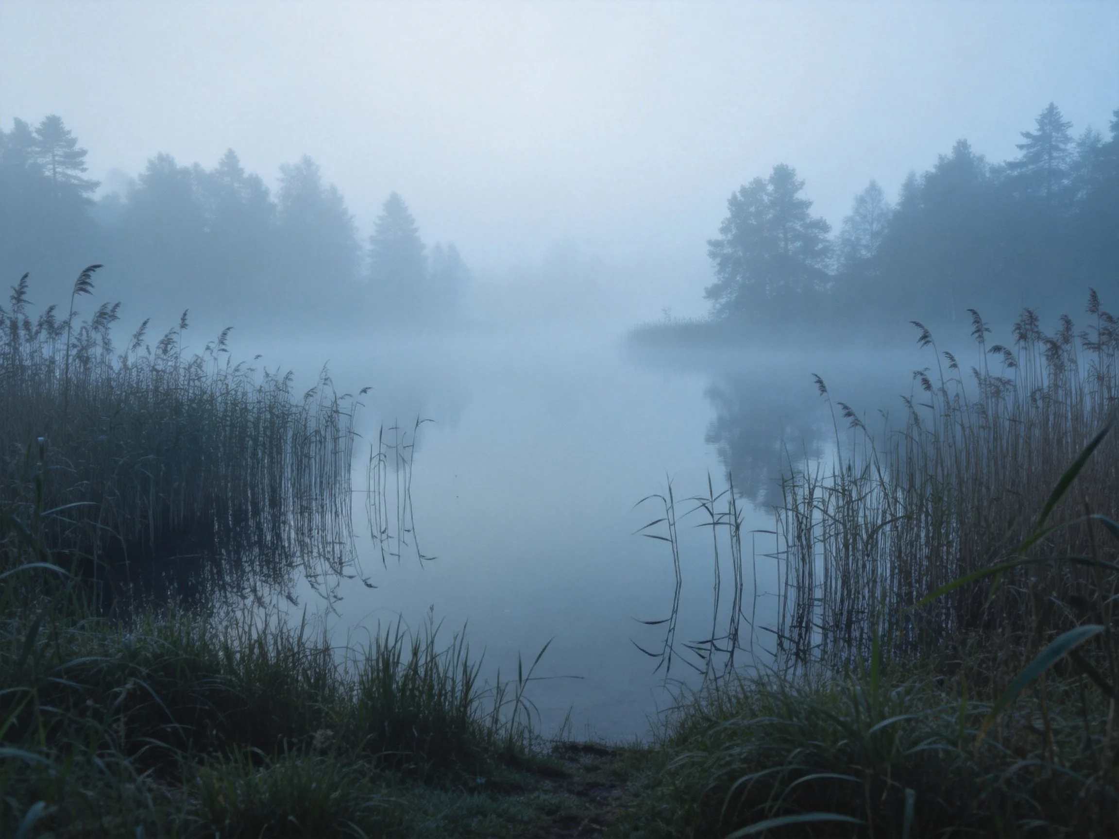 Misty Lake with Tall Reeds and Foggy Forest