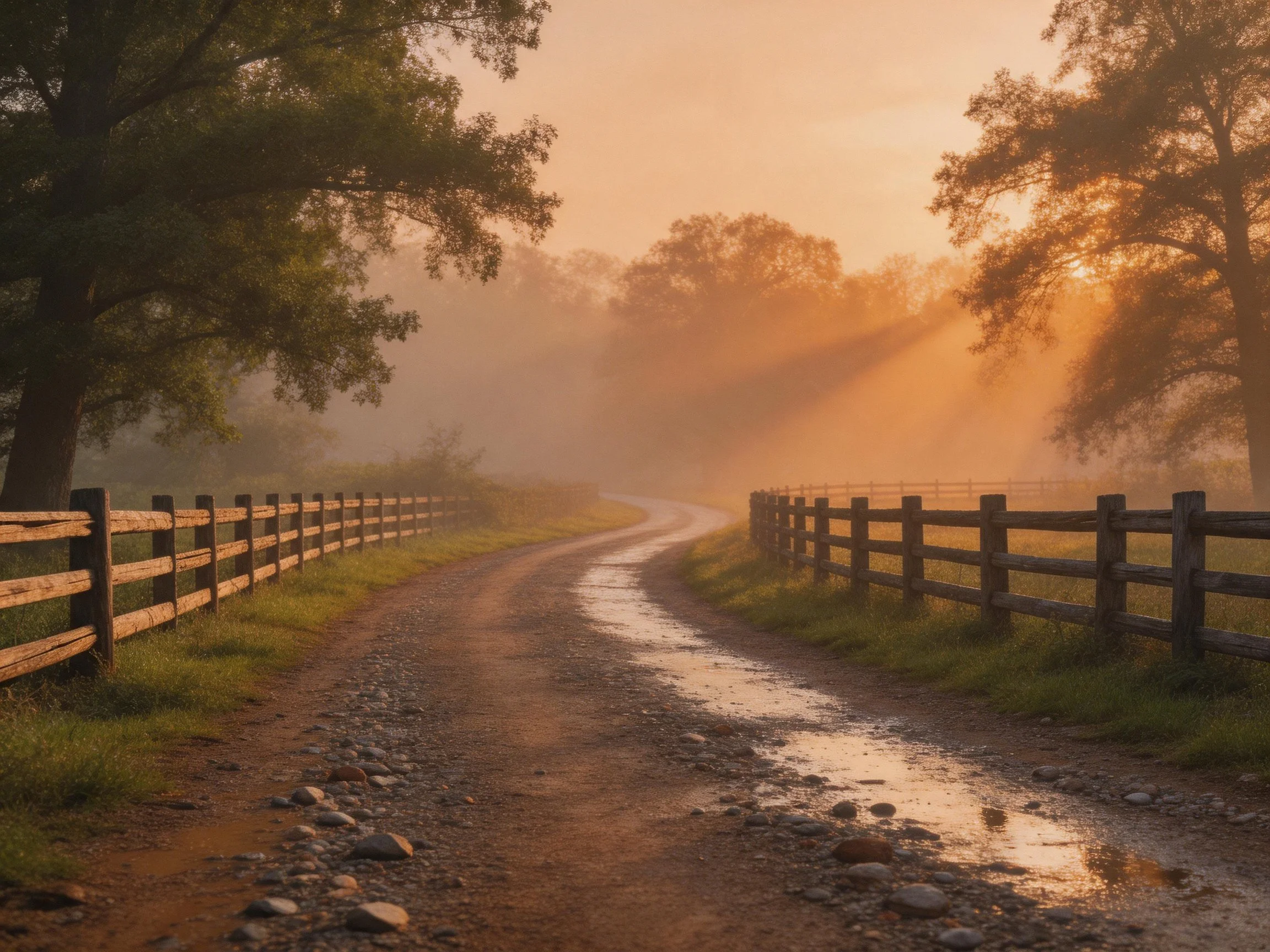 Misty Morning Dirt Road with Wooden Fences