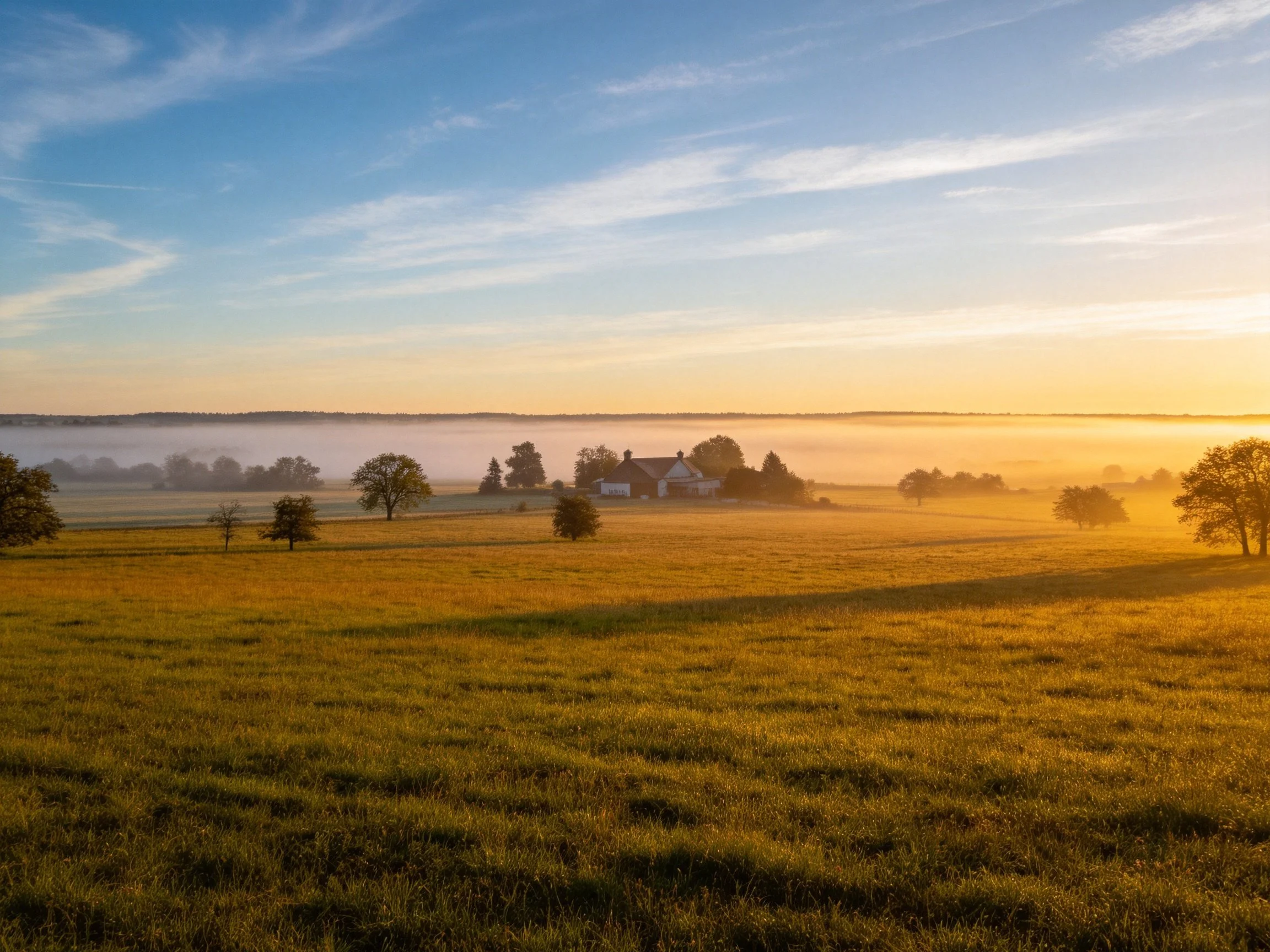 Misty Morning Rural Landscape with Farmhouse