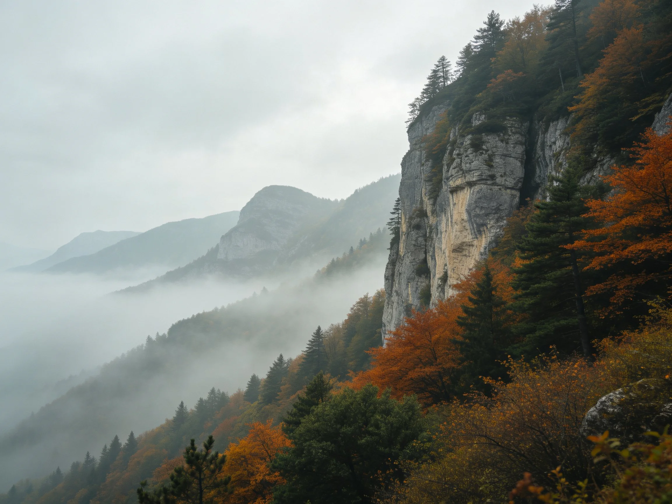 Misty Mountain Cliffs with Autumn Foliage and Dense Fog