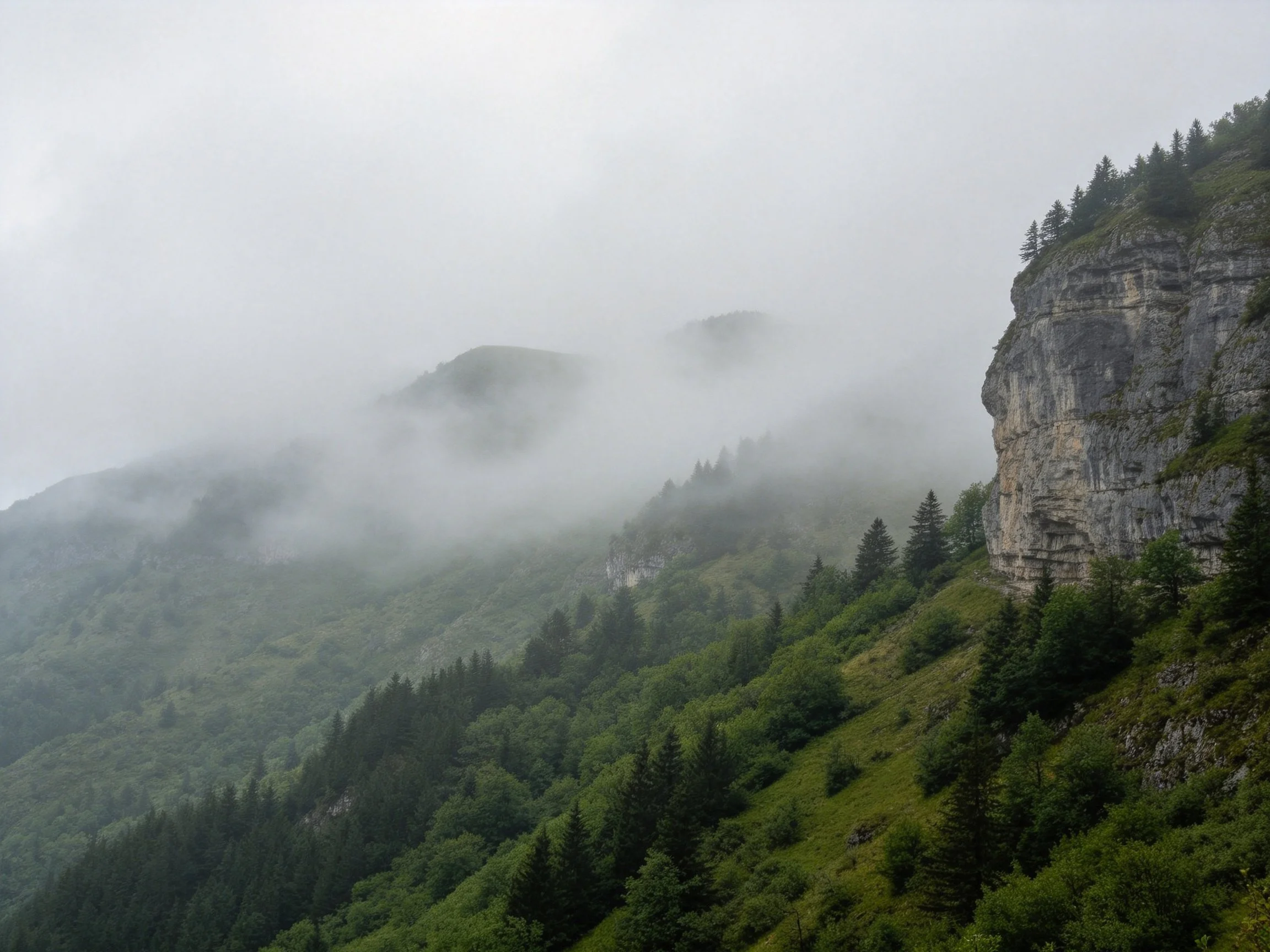 Misty Mountain Cliffs with Dense Green Forests
