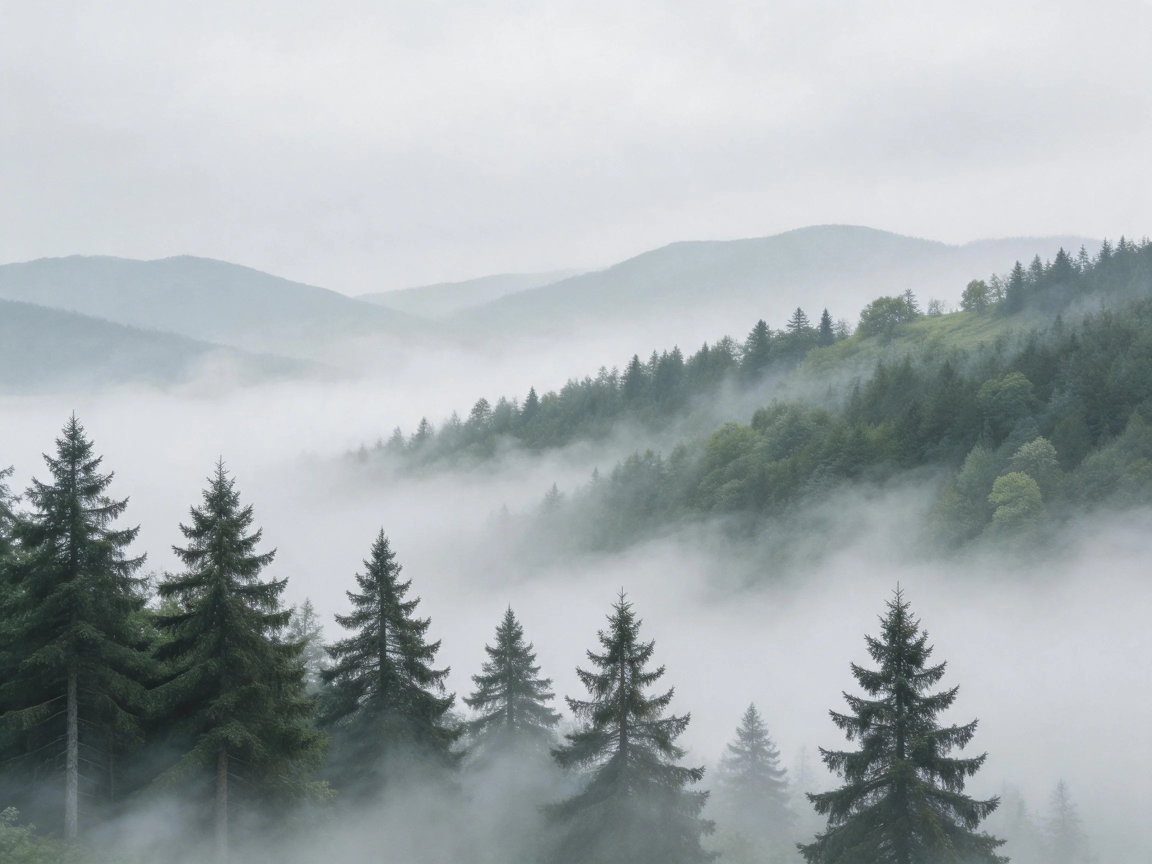 Misty Mountain Forest with Dense Evergreens and Fog-Covered Slopes