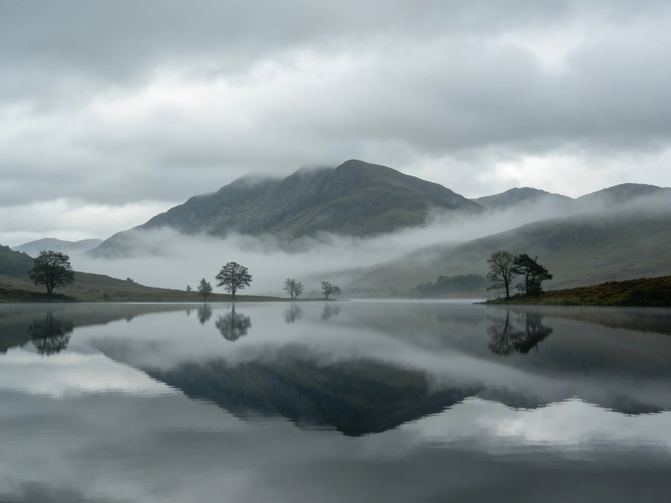 Misty Mountain Lake Reflection with Silhouetted Trees
