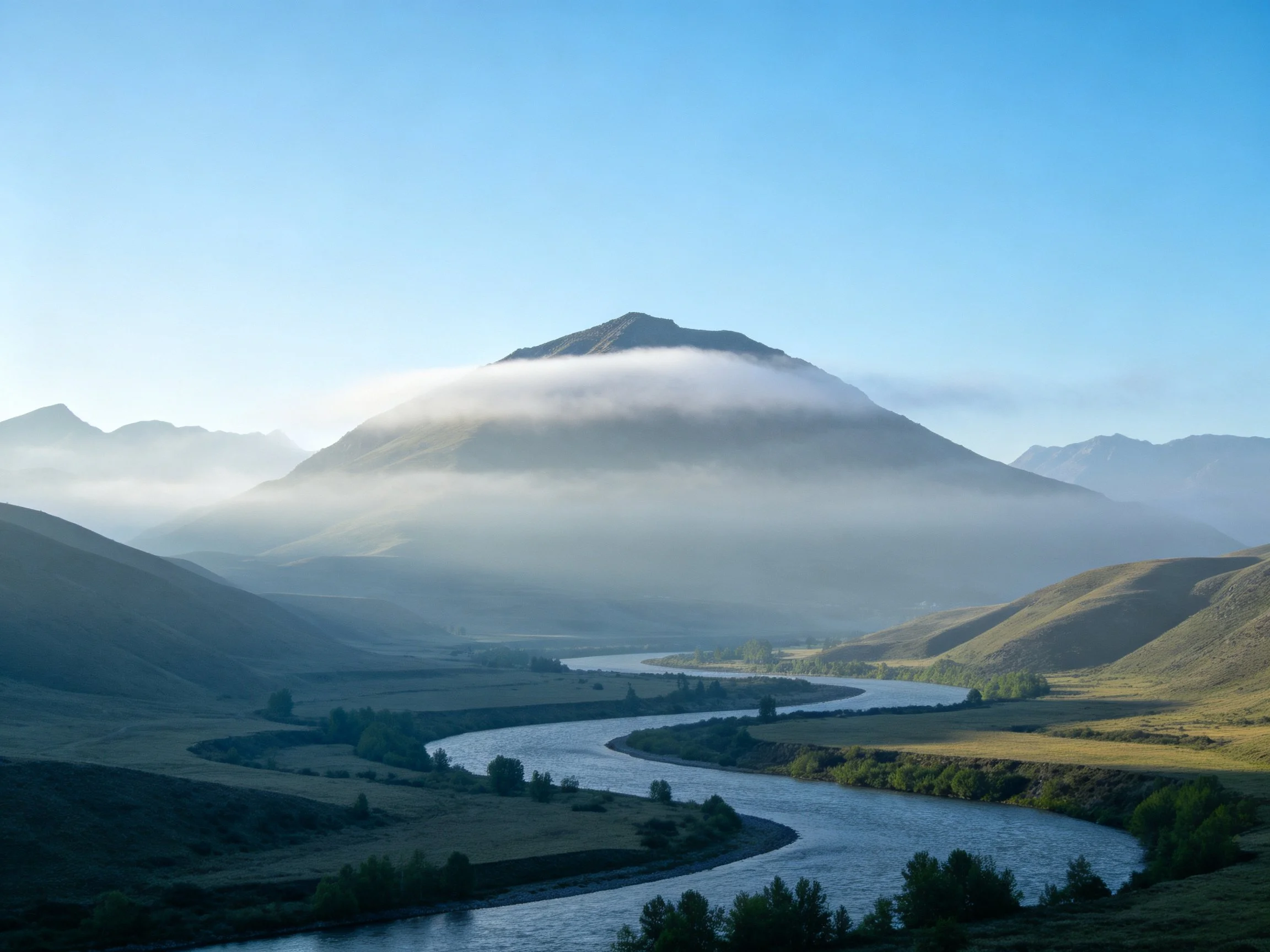 Misty Mountain Peak Overlooking a Curving River Valley