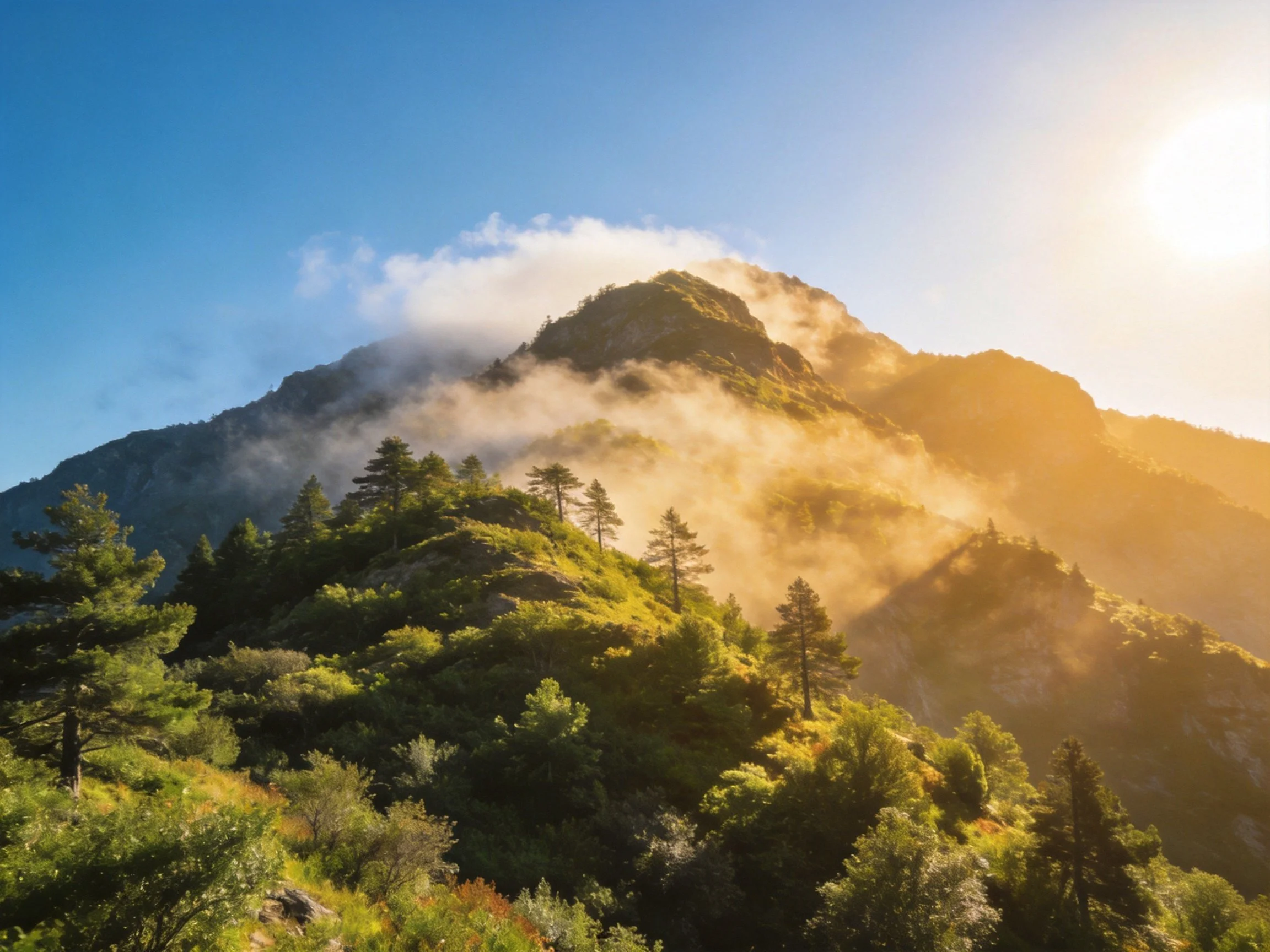 Misty Mountain Peak with Sunlit Forest and Clear Blue Sky