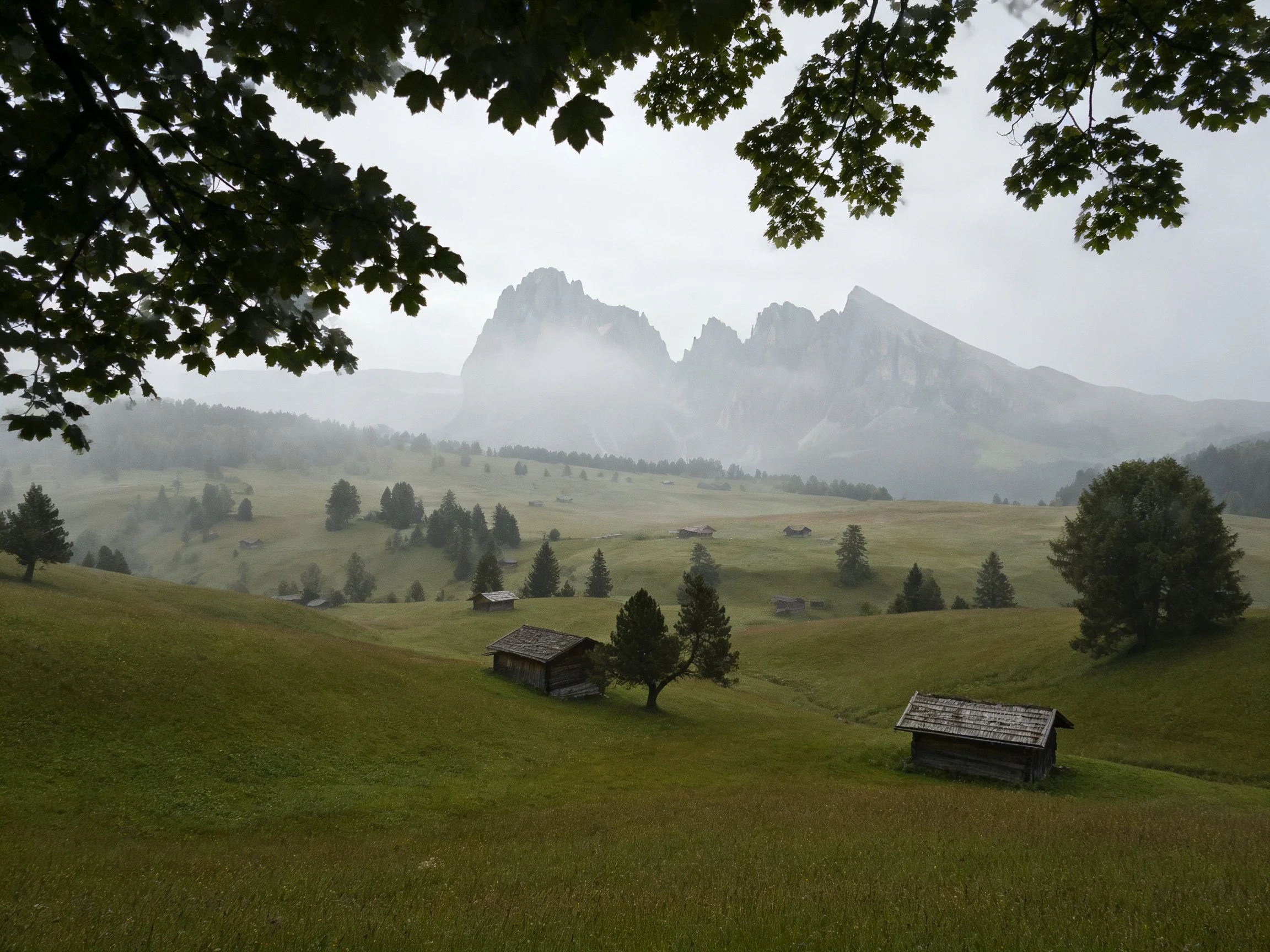 Misty Mountain Peaks Over Green Meadows and Wooden Cabins