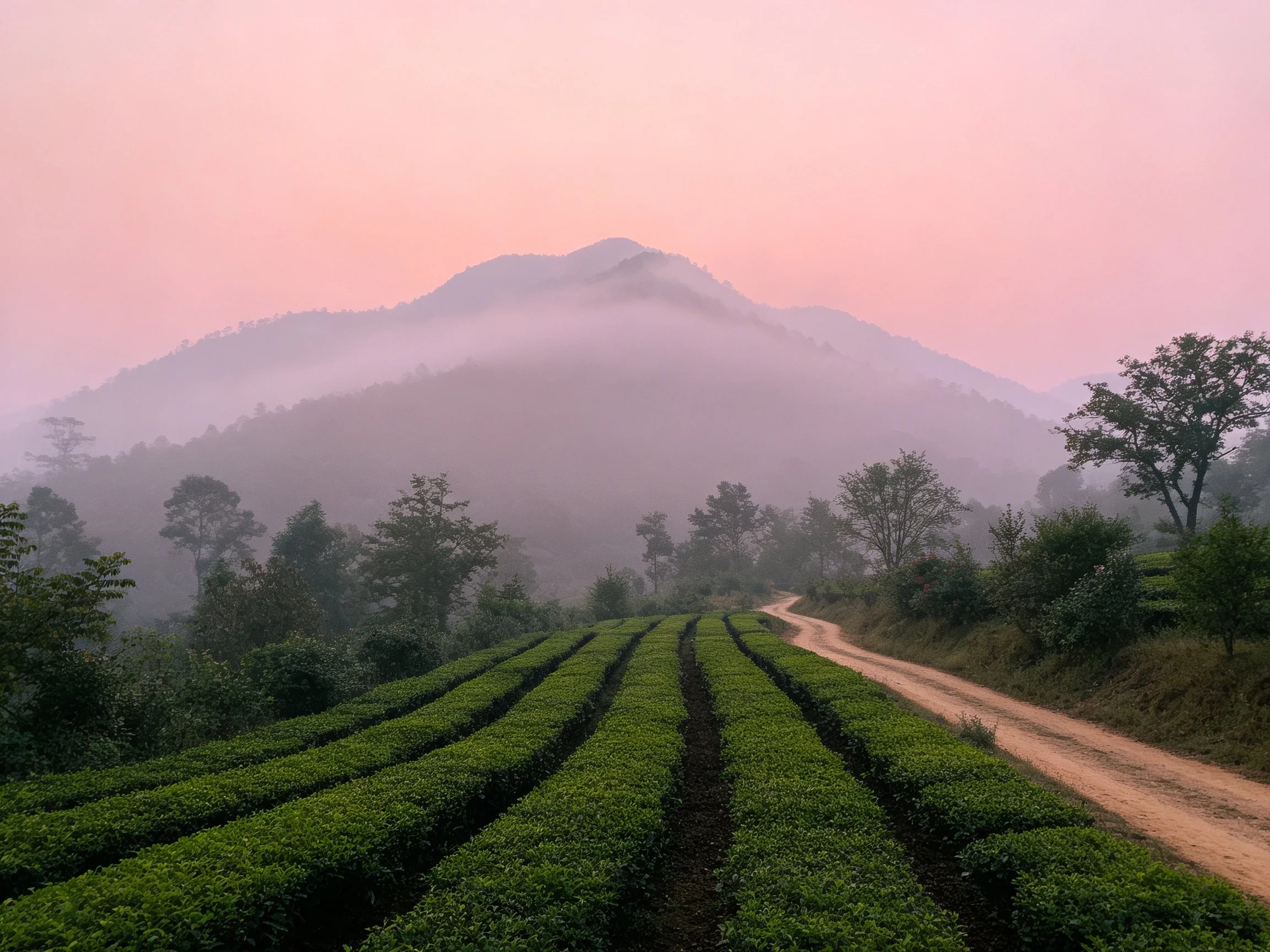 Misty Mountain Peaks Over Green Tea Plantation Fields